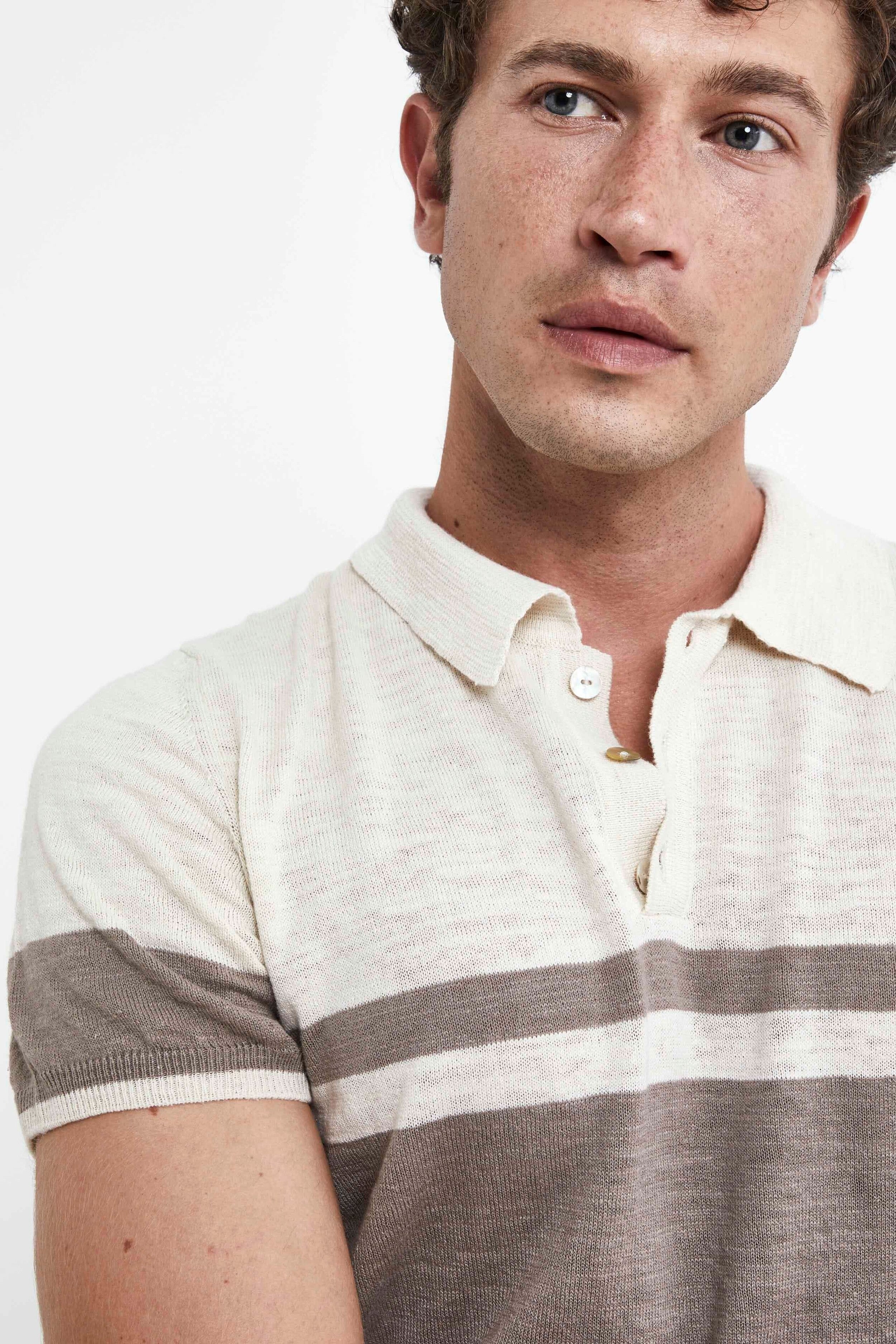 Knitted patterned polo shirt - BEAVER/NATURAL