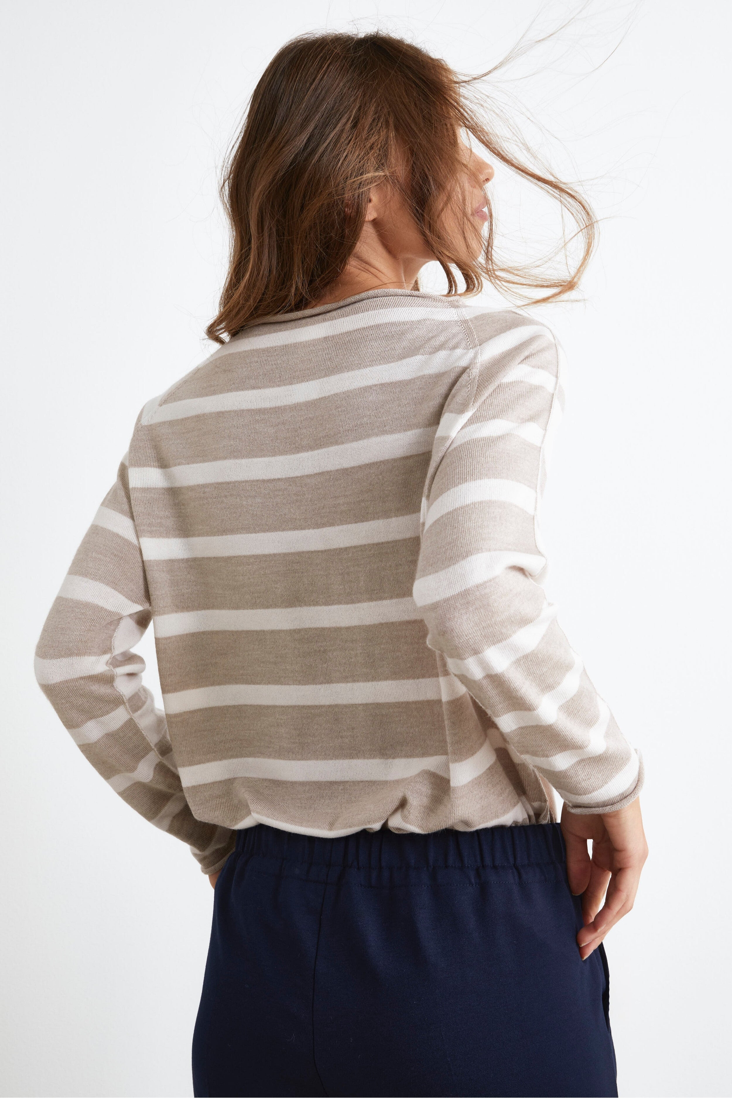 Oversized Striped Sweater in Merino Wool - Beige stripe