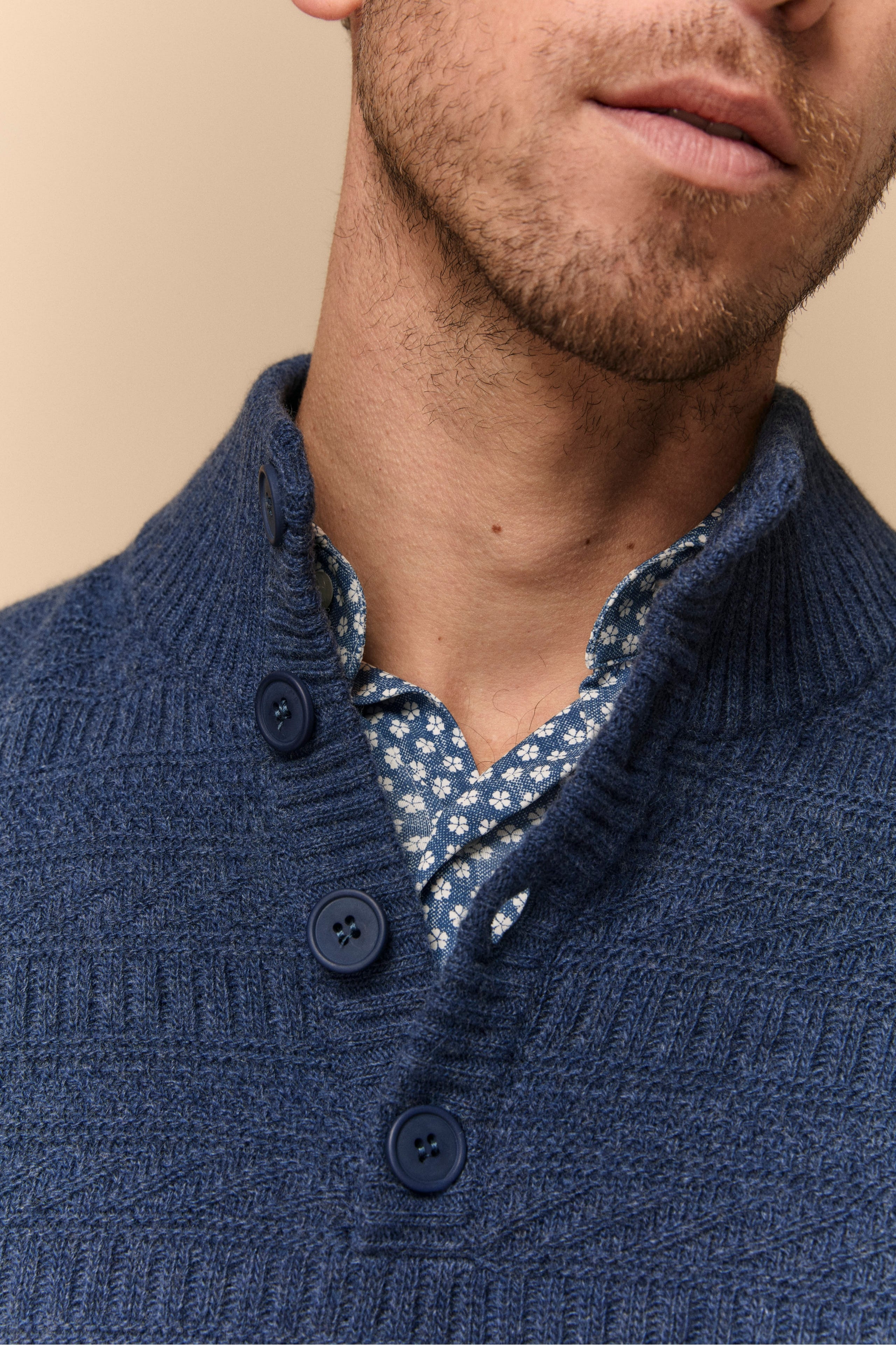 Turtleneck with Buttons in Extra Fine Merino Wool - DENIM