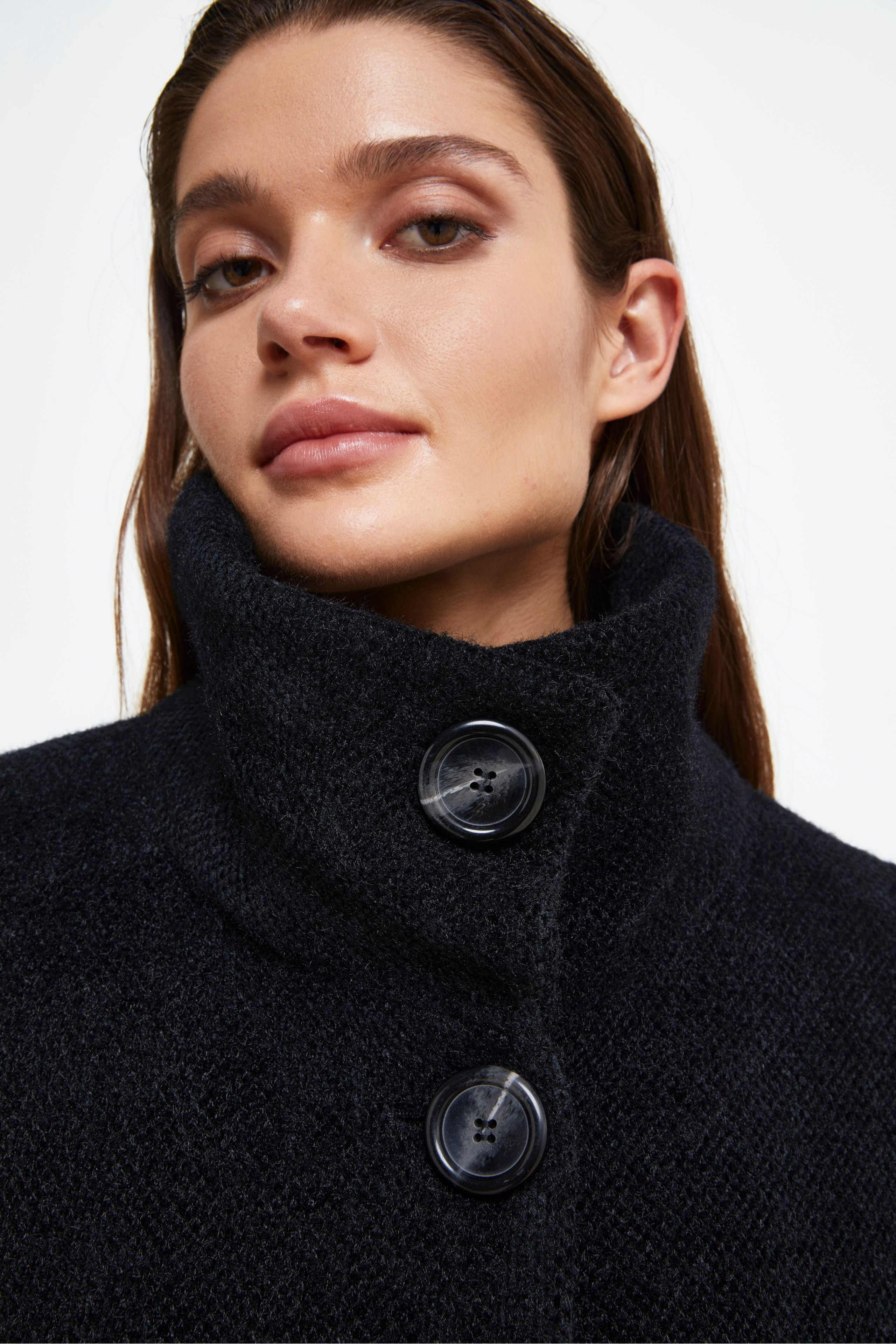 Manteau Col Haut avec Boutons - NOIR