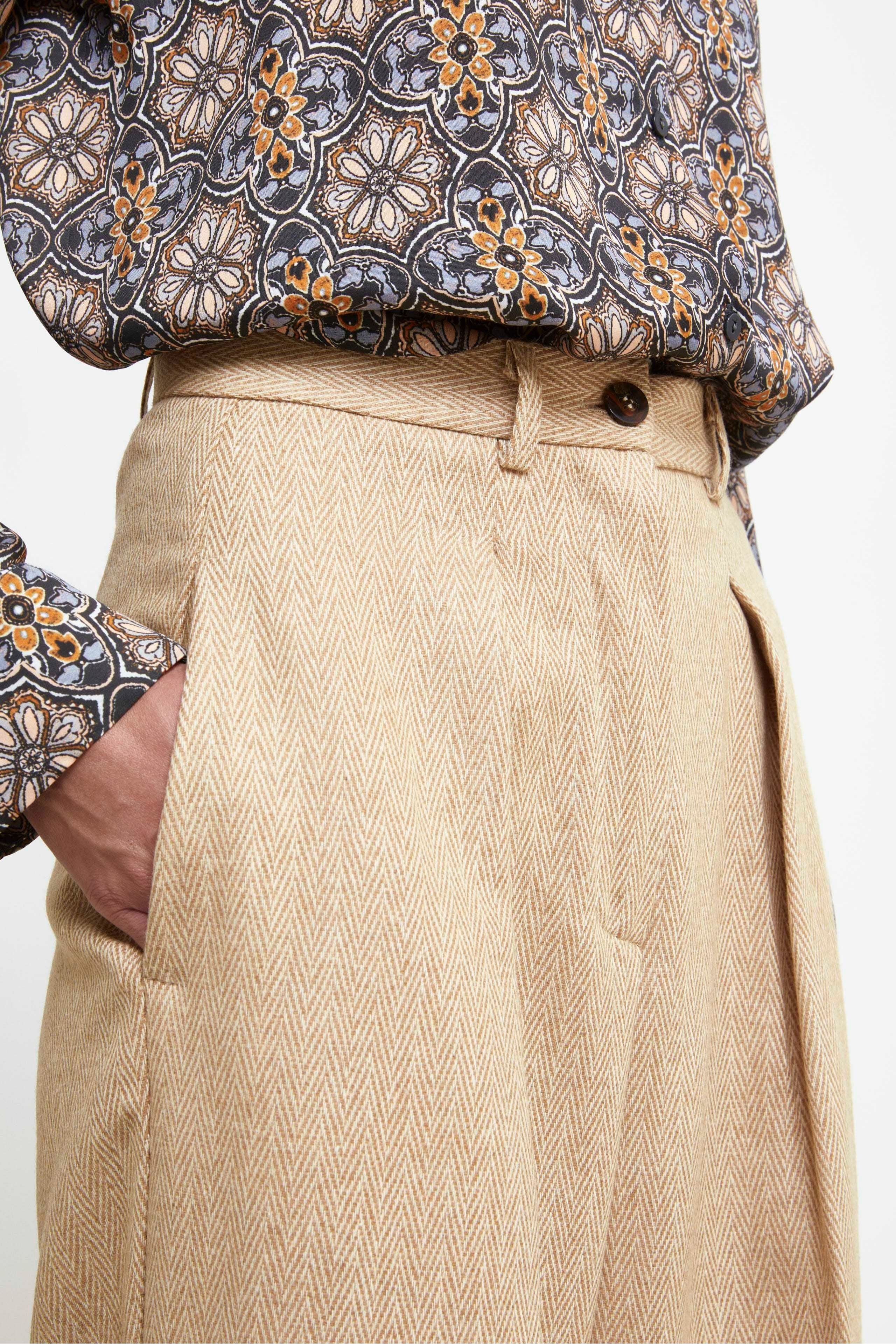 Wide-Leg Wool Trousers - BEIGE HERRINGBONE