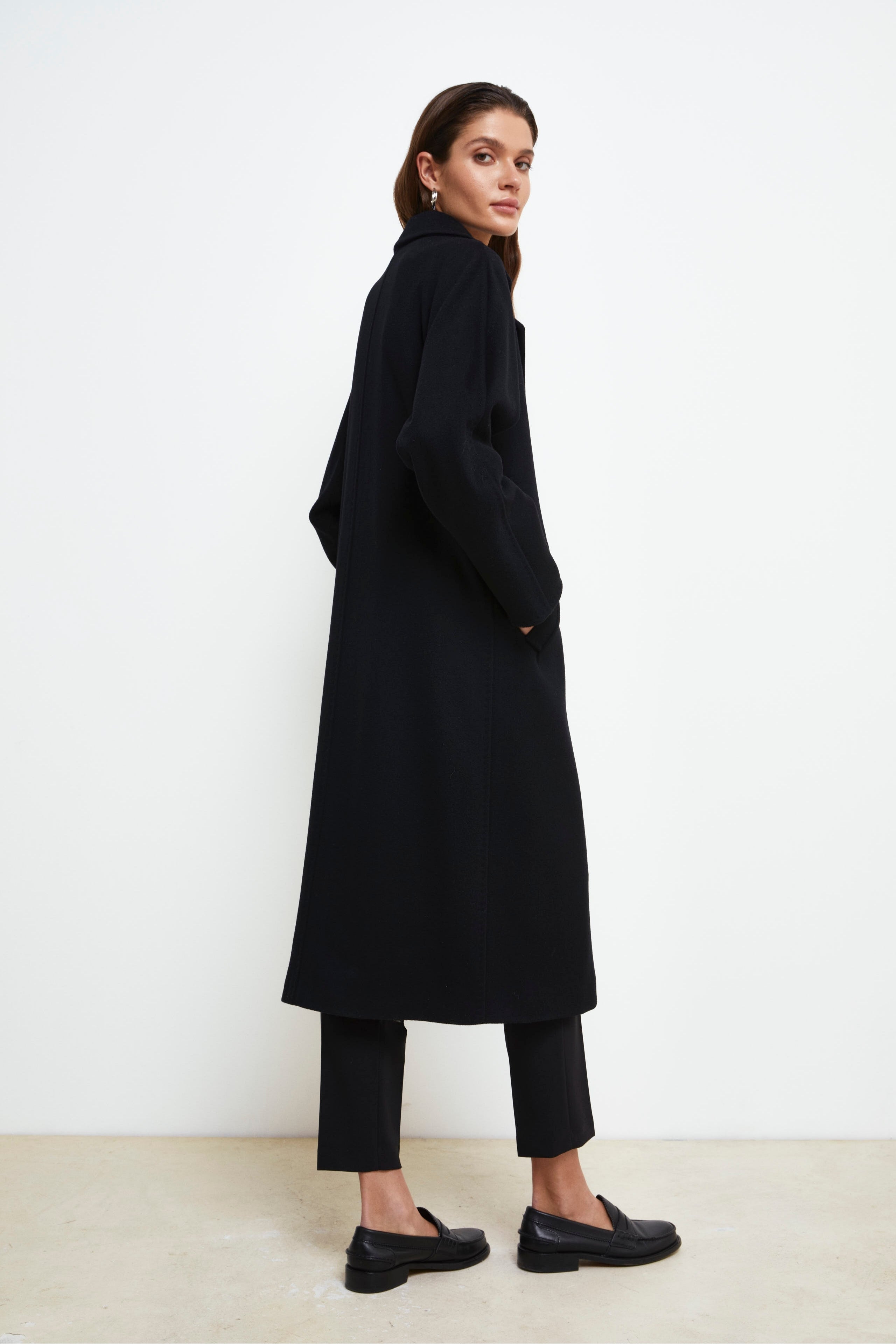 Manteau Long à Double Boutonnage en Laine - NOIR