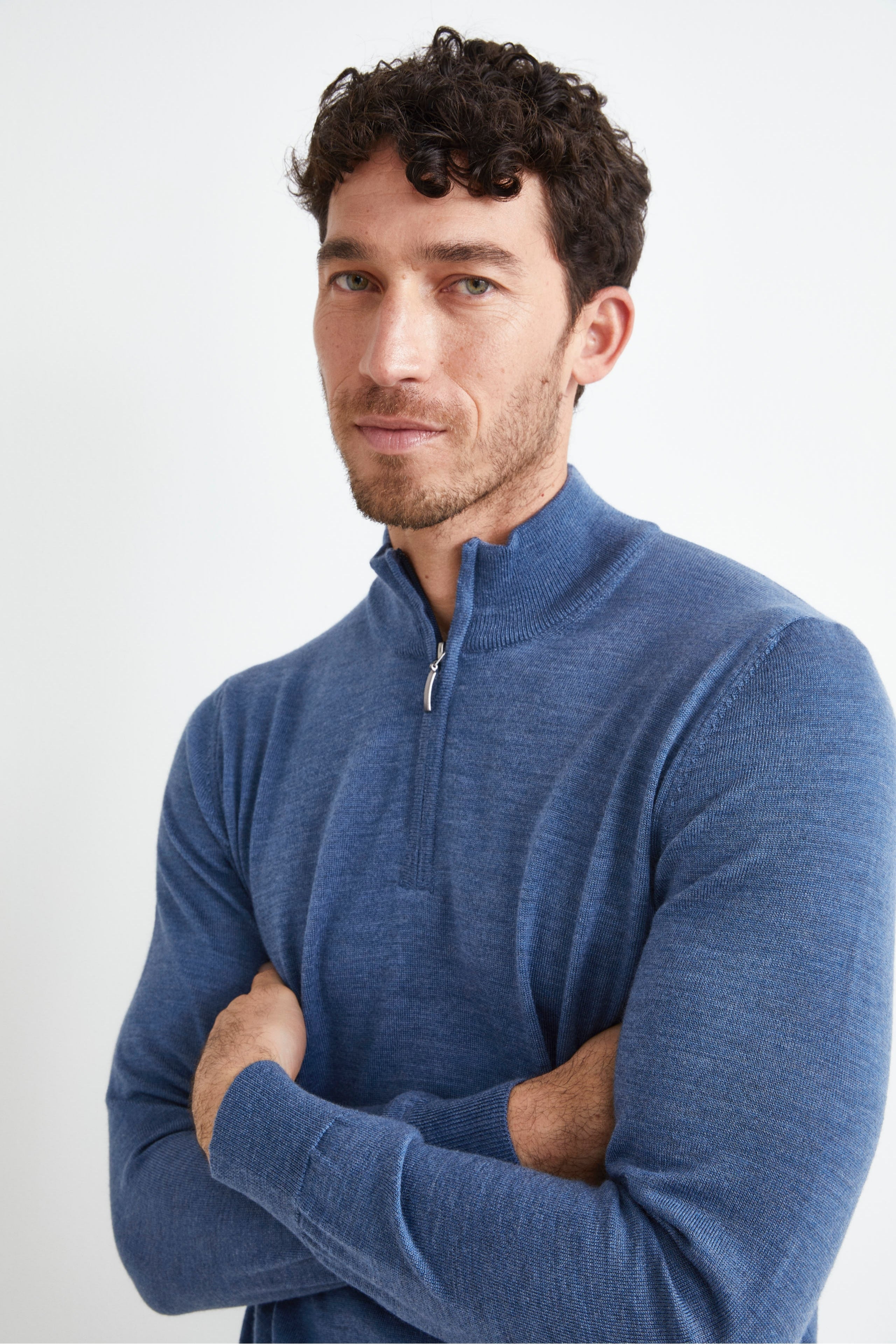 Turtleneck with Zip in Merino Wool - DENIM