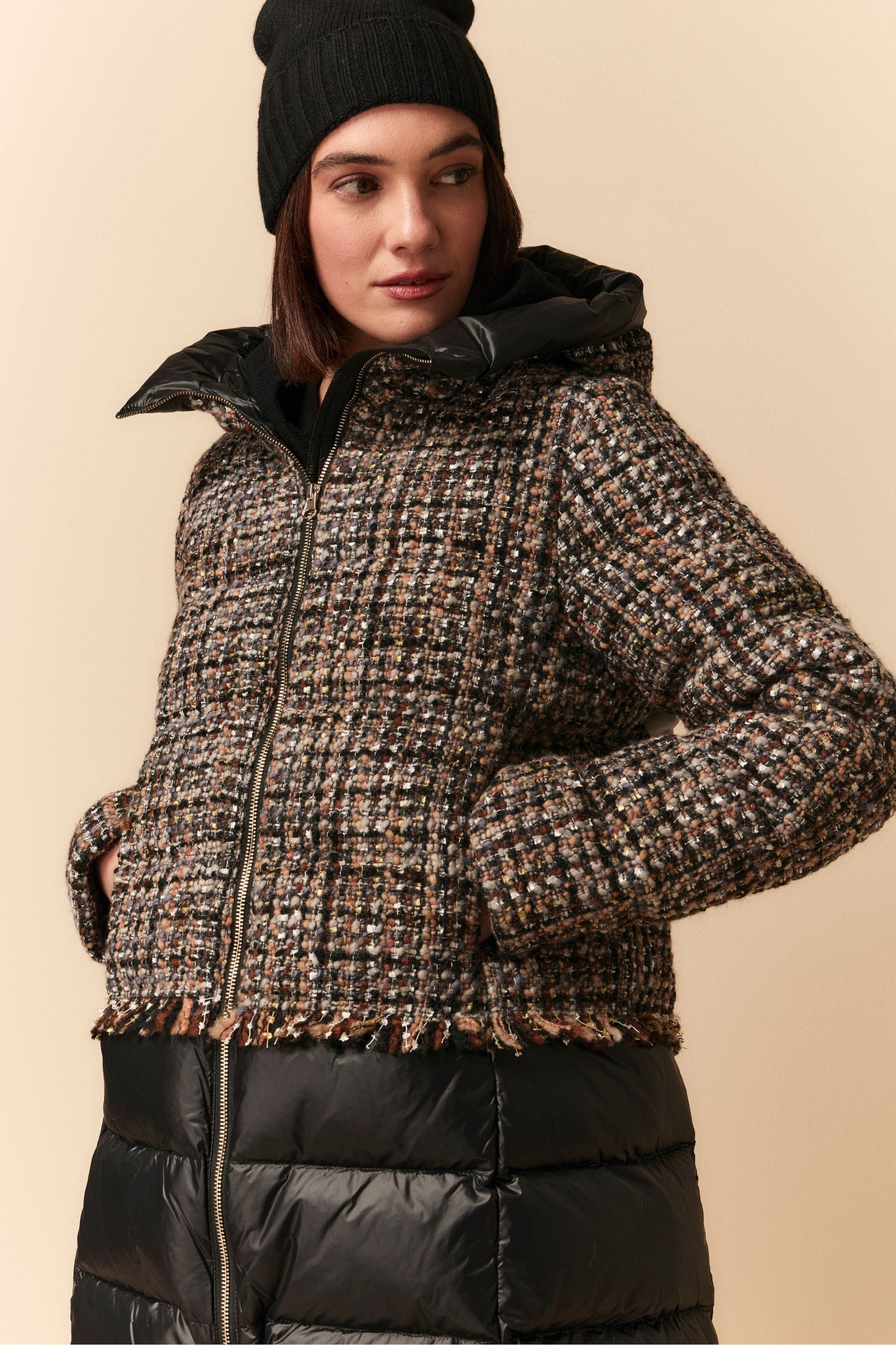 Double-Fabric Bouclé Jacket - BLACK