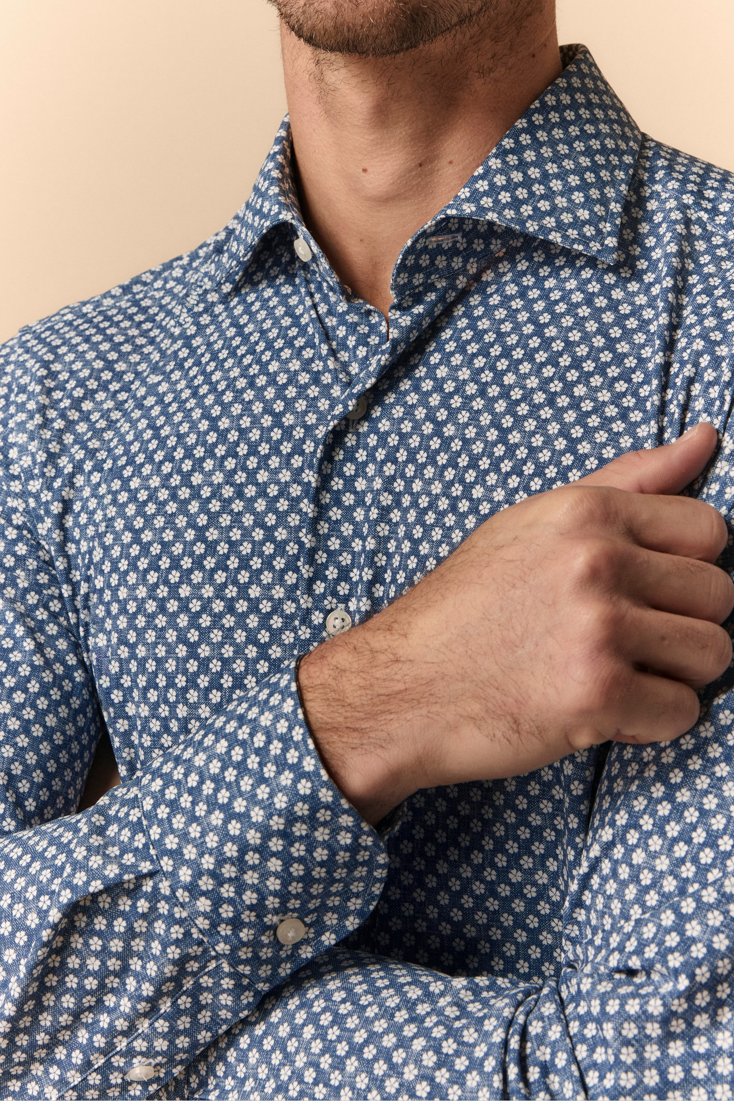 Floral Slim Fit Shirt in Jersey - White-Blue pattern