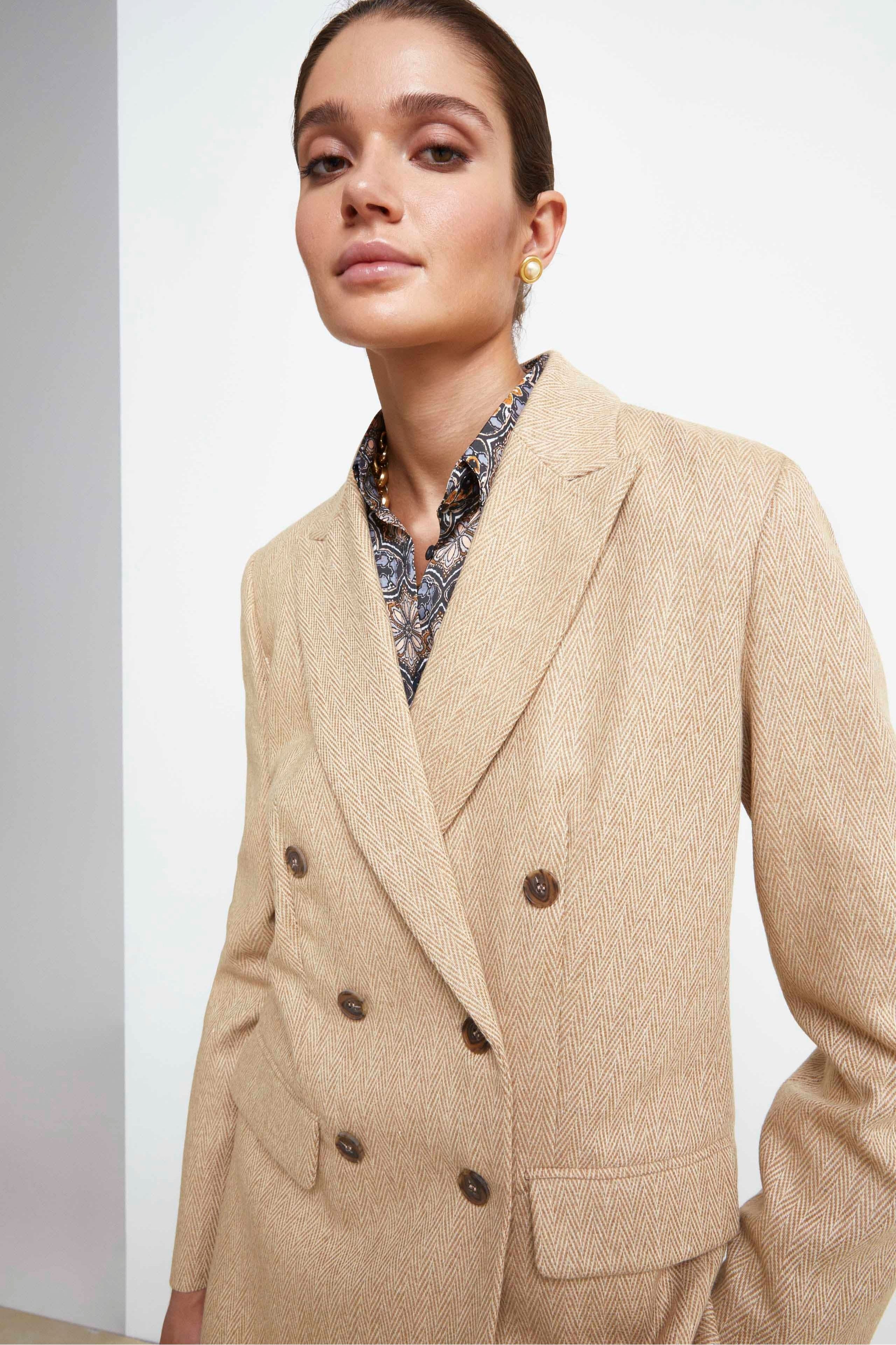 Veste Over Croisée en Laine - CHEVRONS BEIGE