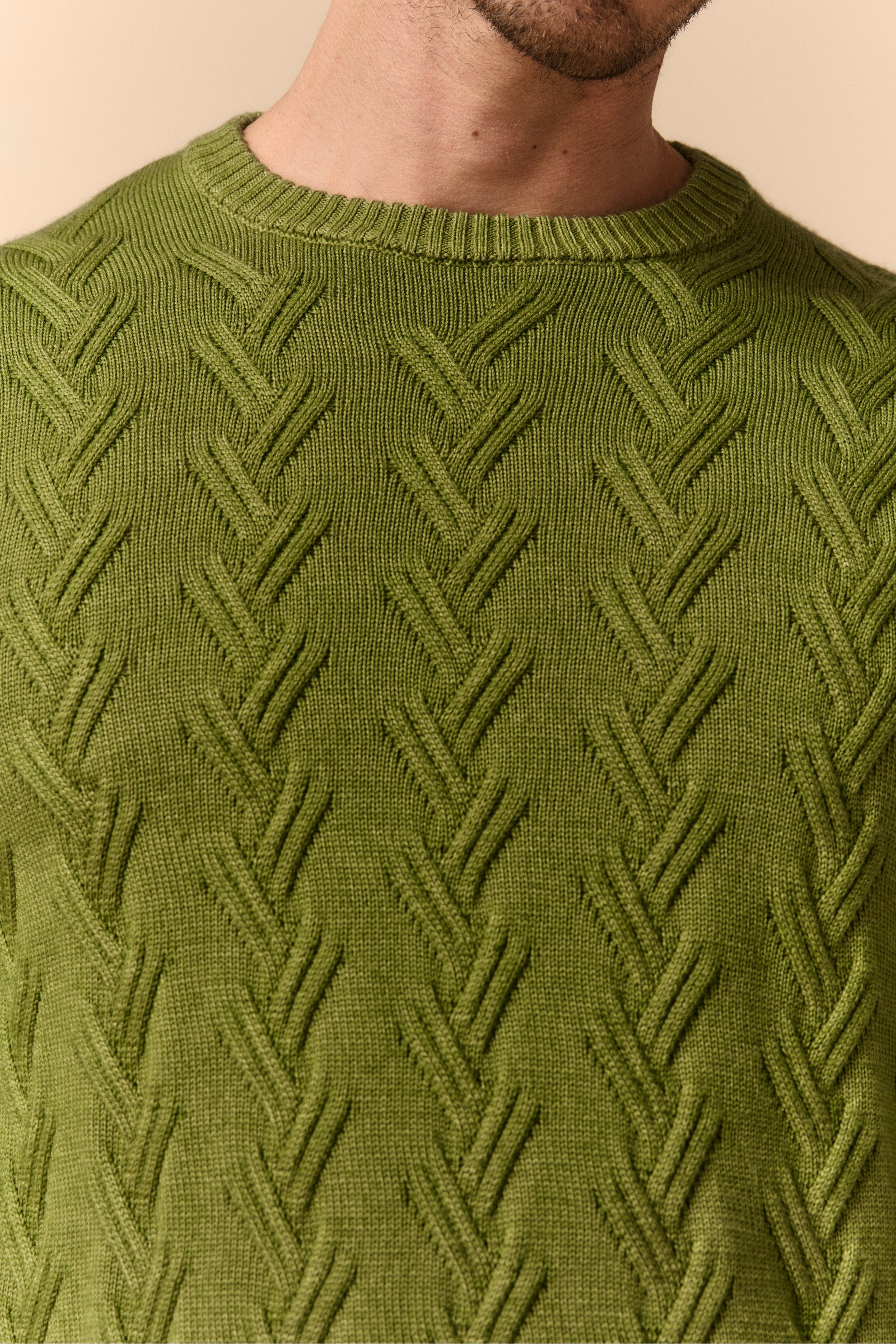 Diamond Pattern Crew Neck in Merino Wool - PISTACCHIO