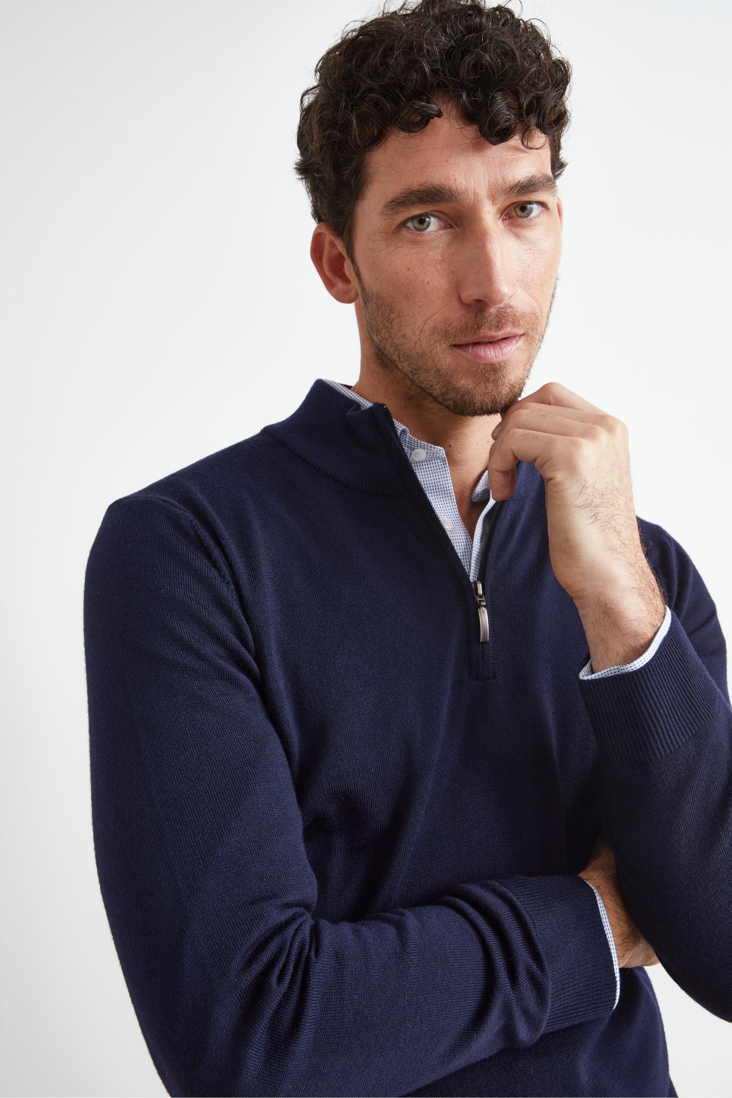 Turtleneck with Zip in Merino Wool - BLUE