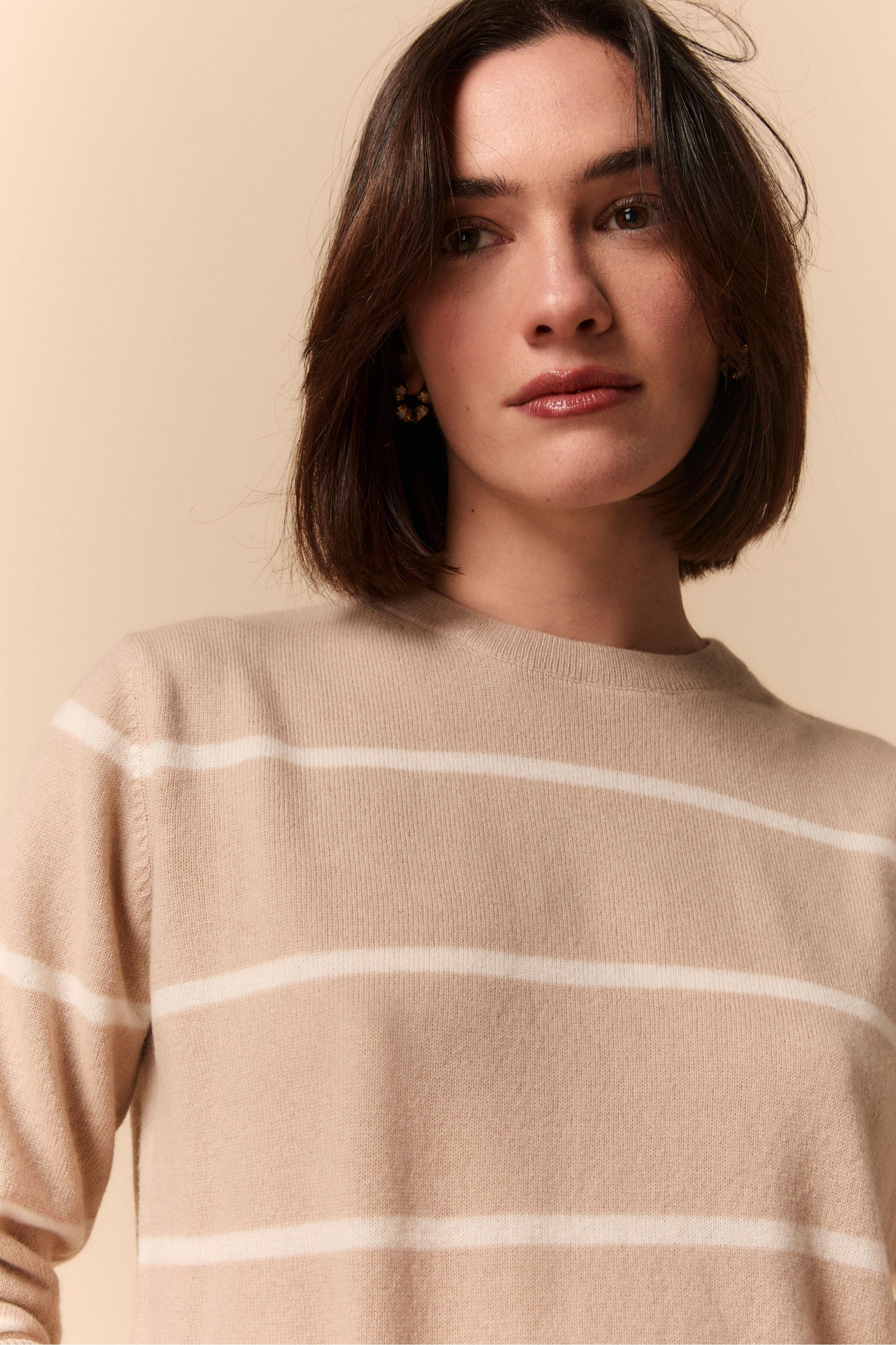 Patterned Crew Neck Sweater in Wool and Cashmere - Beige stripe