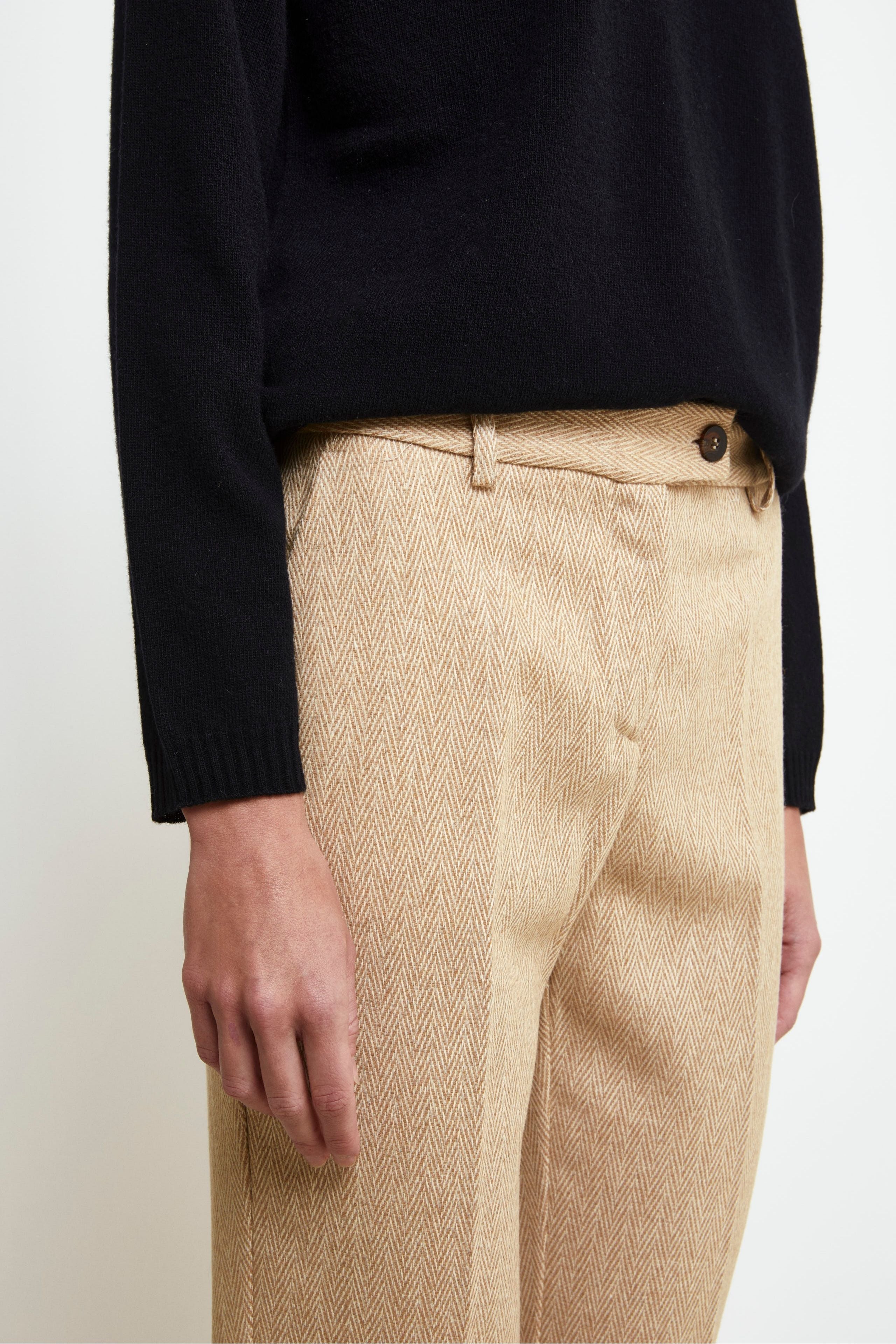 Cigarette Wool Trousers - BEIGE HERRINGBONE