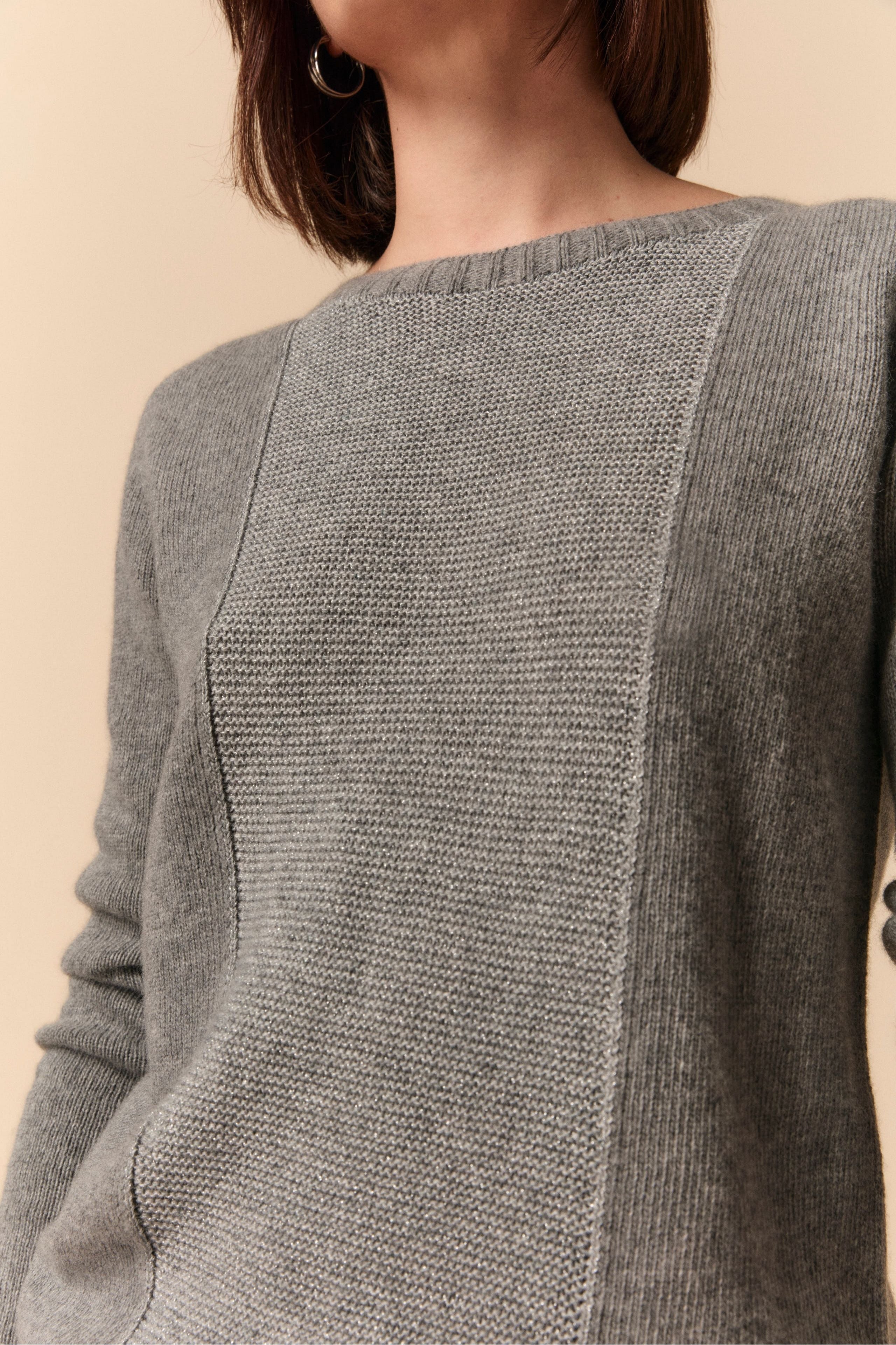 Pull Ras-du-Cou en Lurex, Laine et Cachemire - Gris moyen