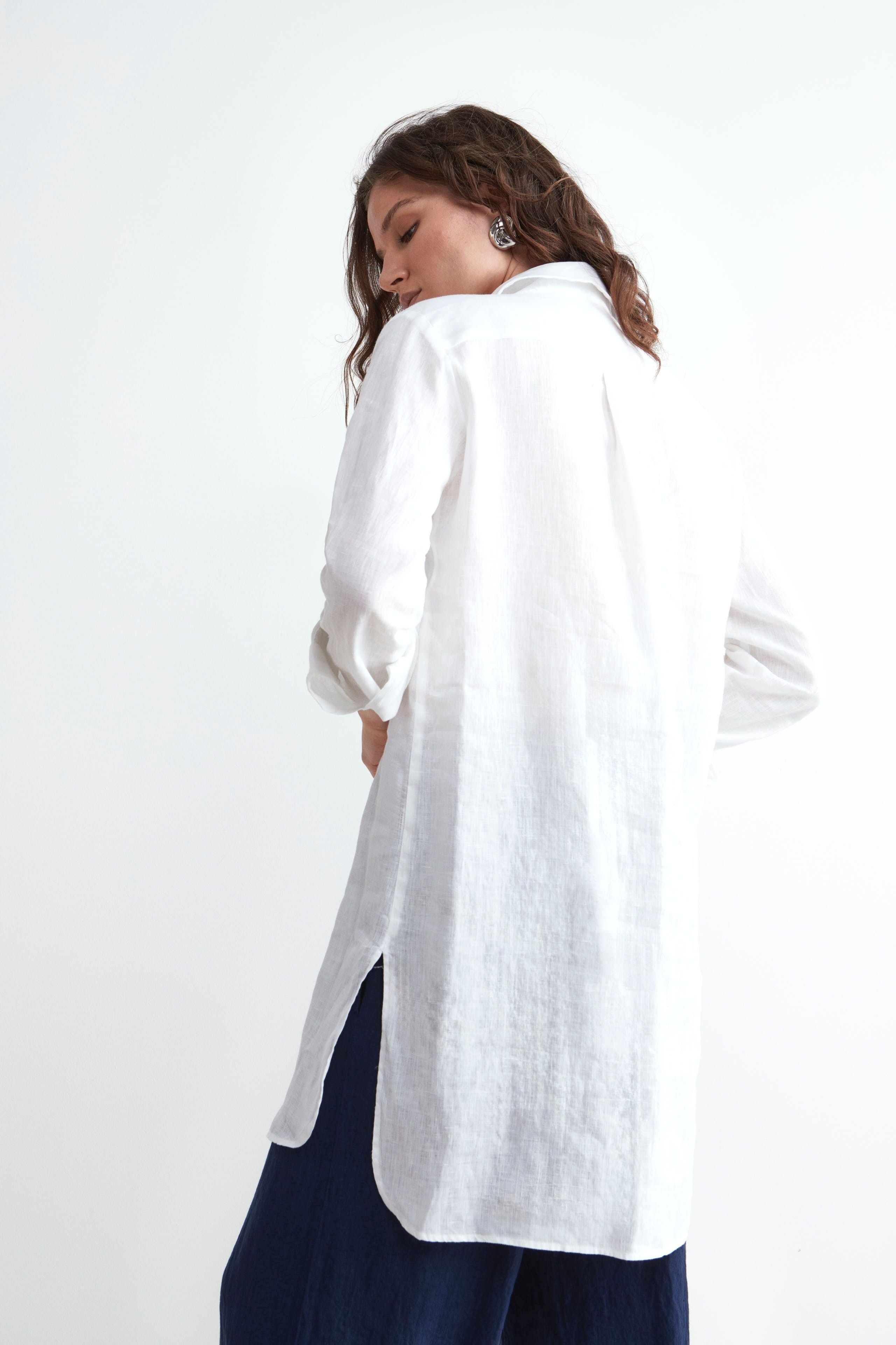 Long Linen Shirt - WHITE