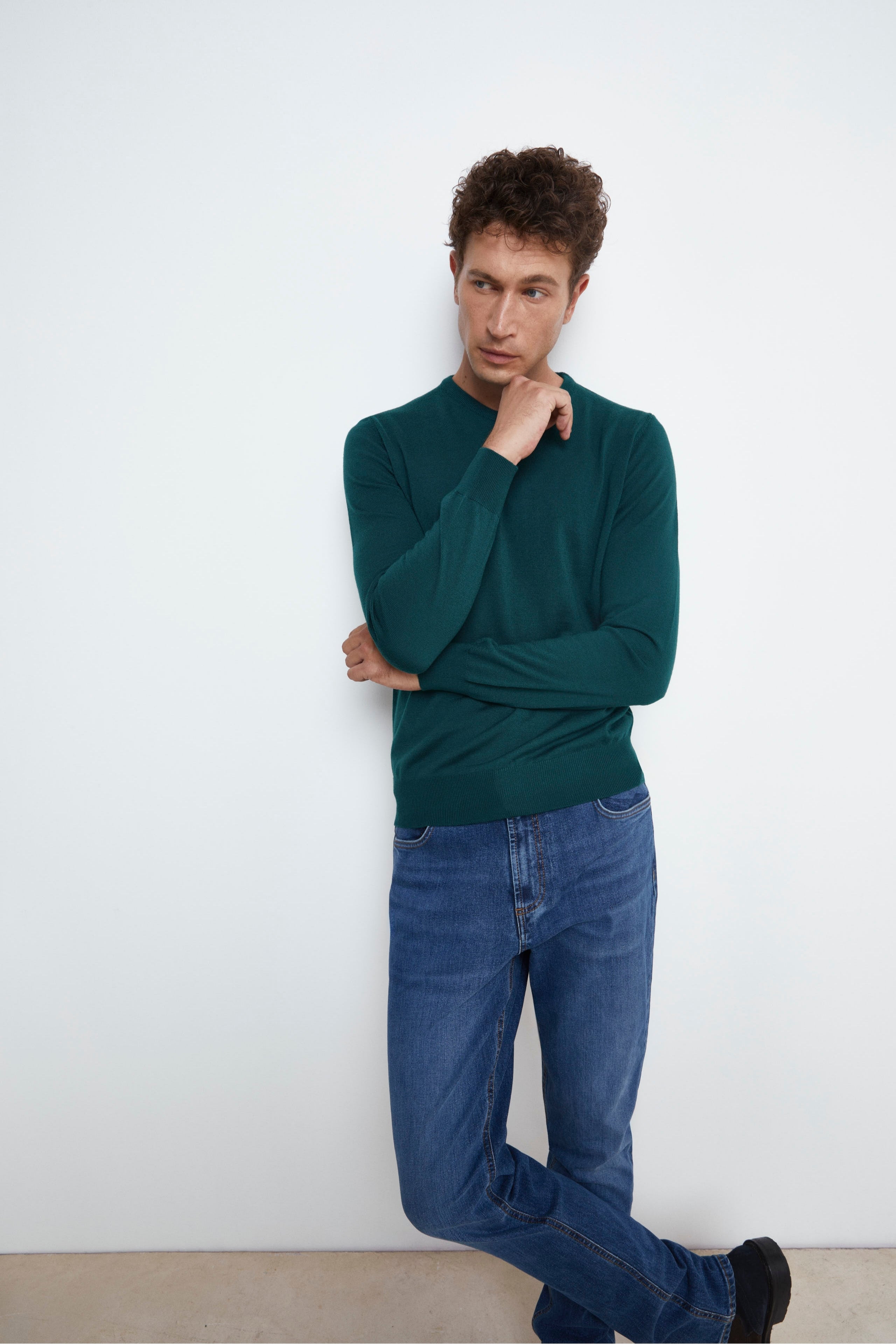 Merino Wool Crewneck Sweater - Dark green