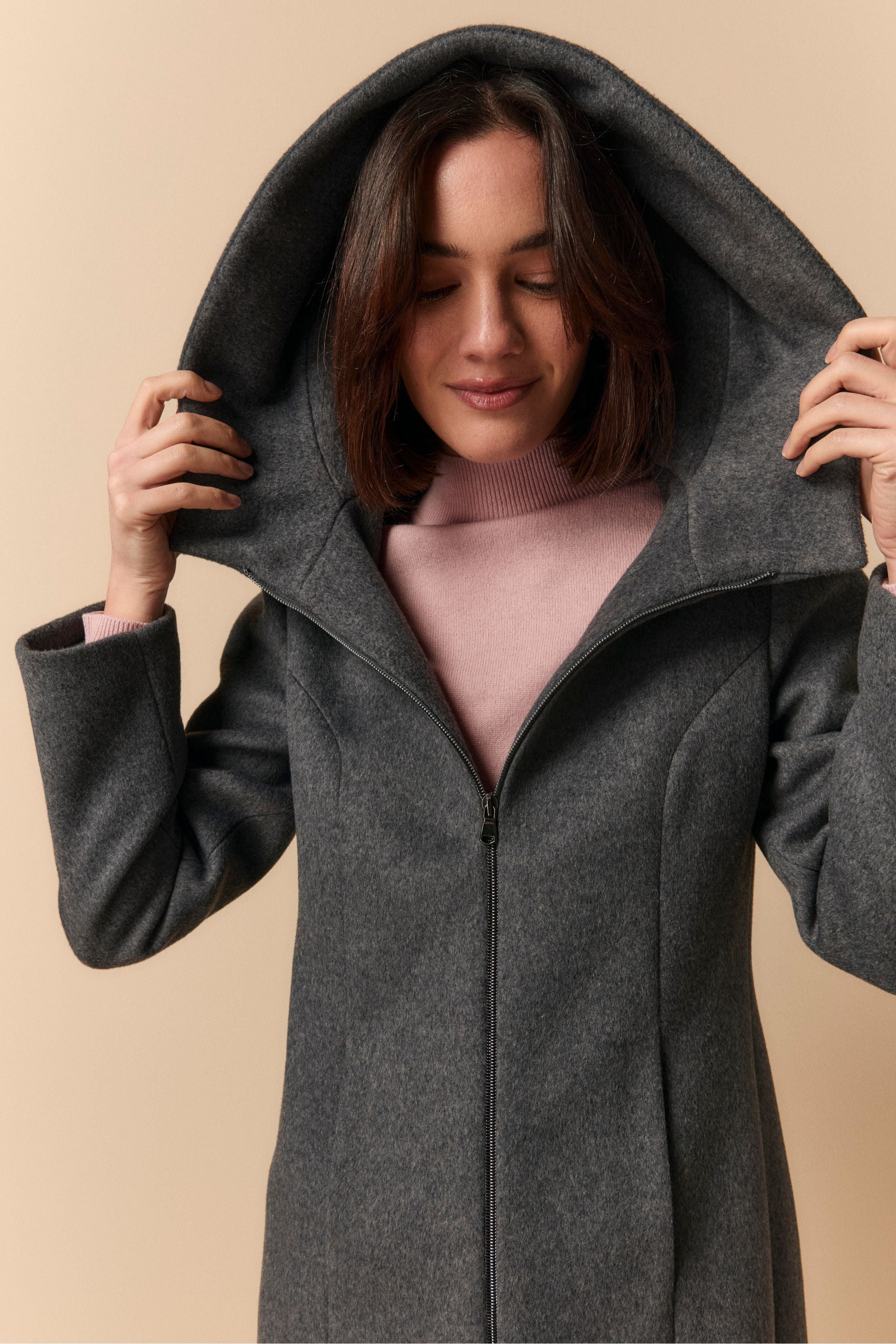 Midi Coat with Hood and Zip - GREY