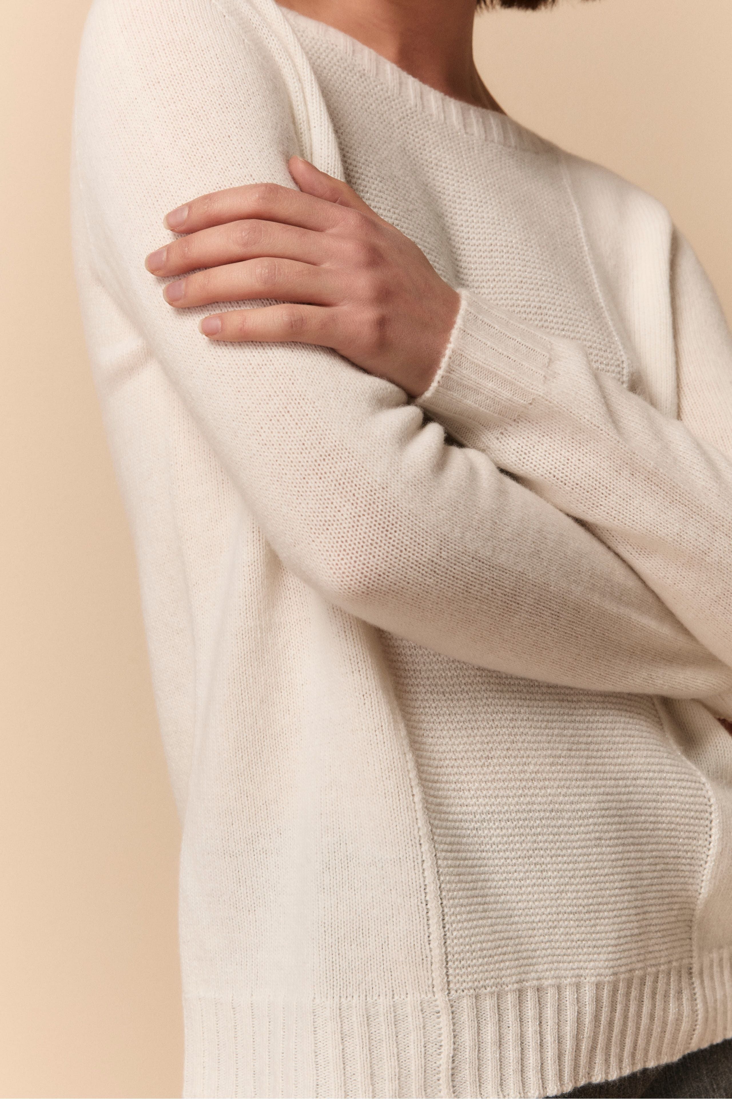 Lurex Crew Neck Sweater in Wool and Cashmere - CREAM