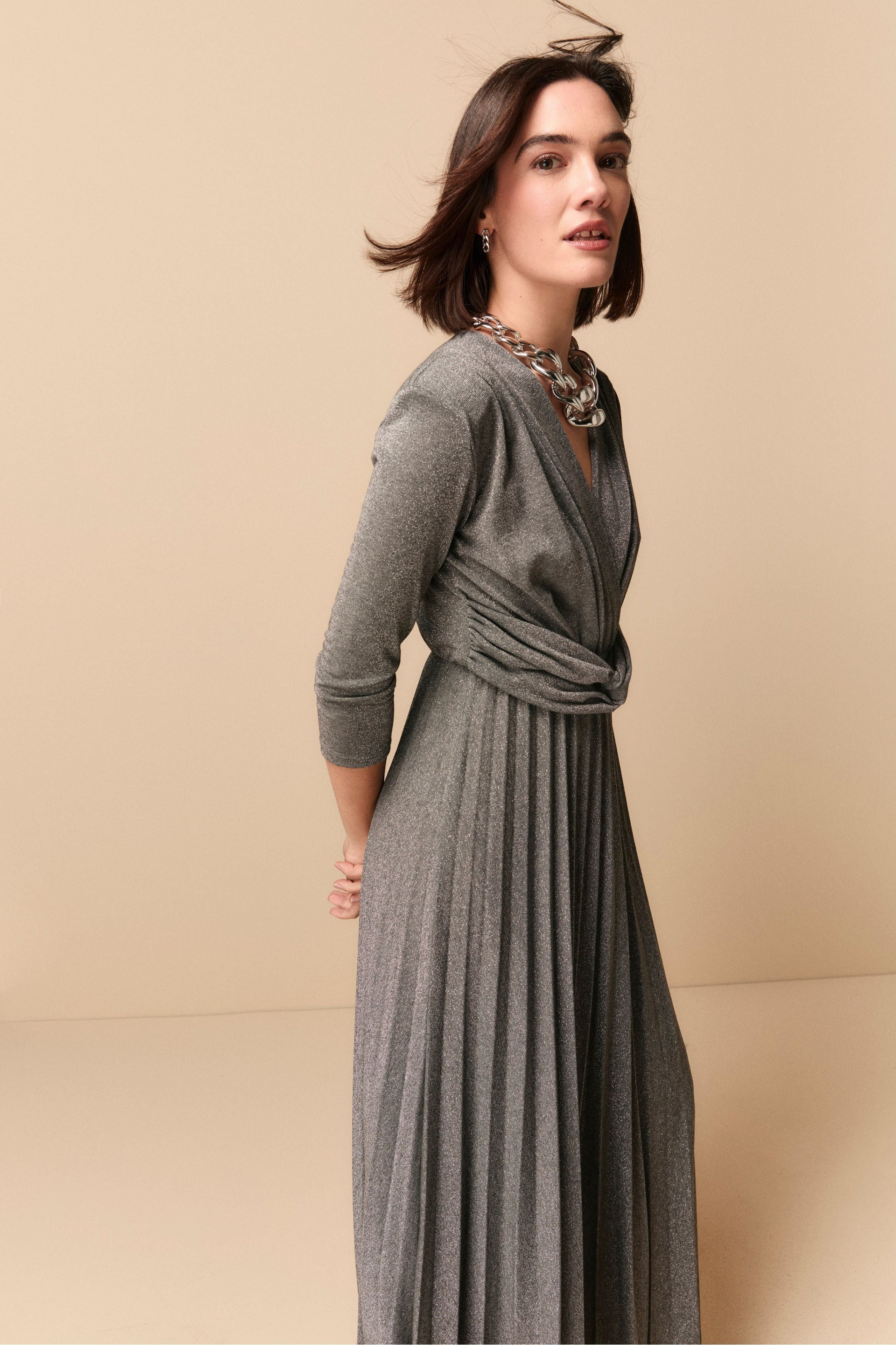 Long Pleated Lurex Dress - Charcoal grey