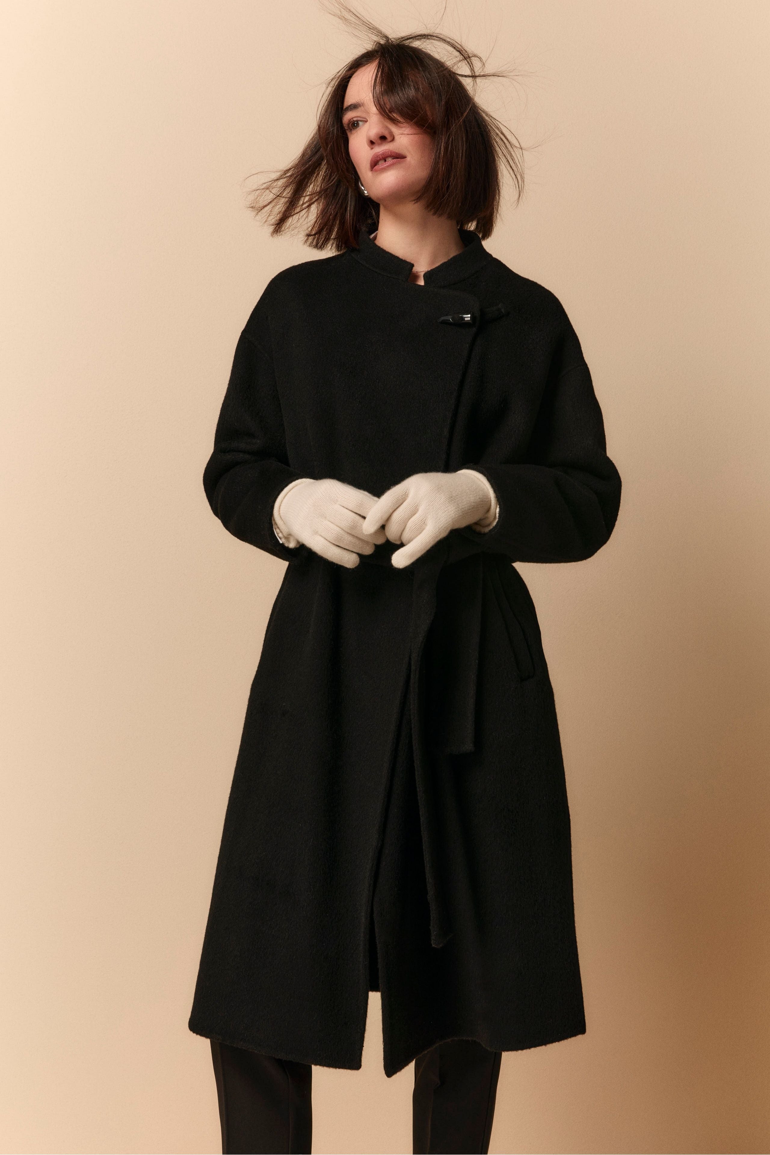 Wool Wrap Coat - BLACK