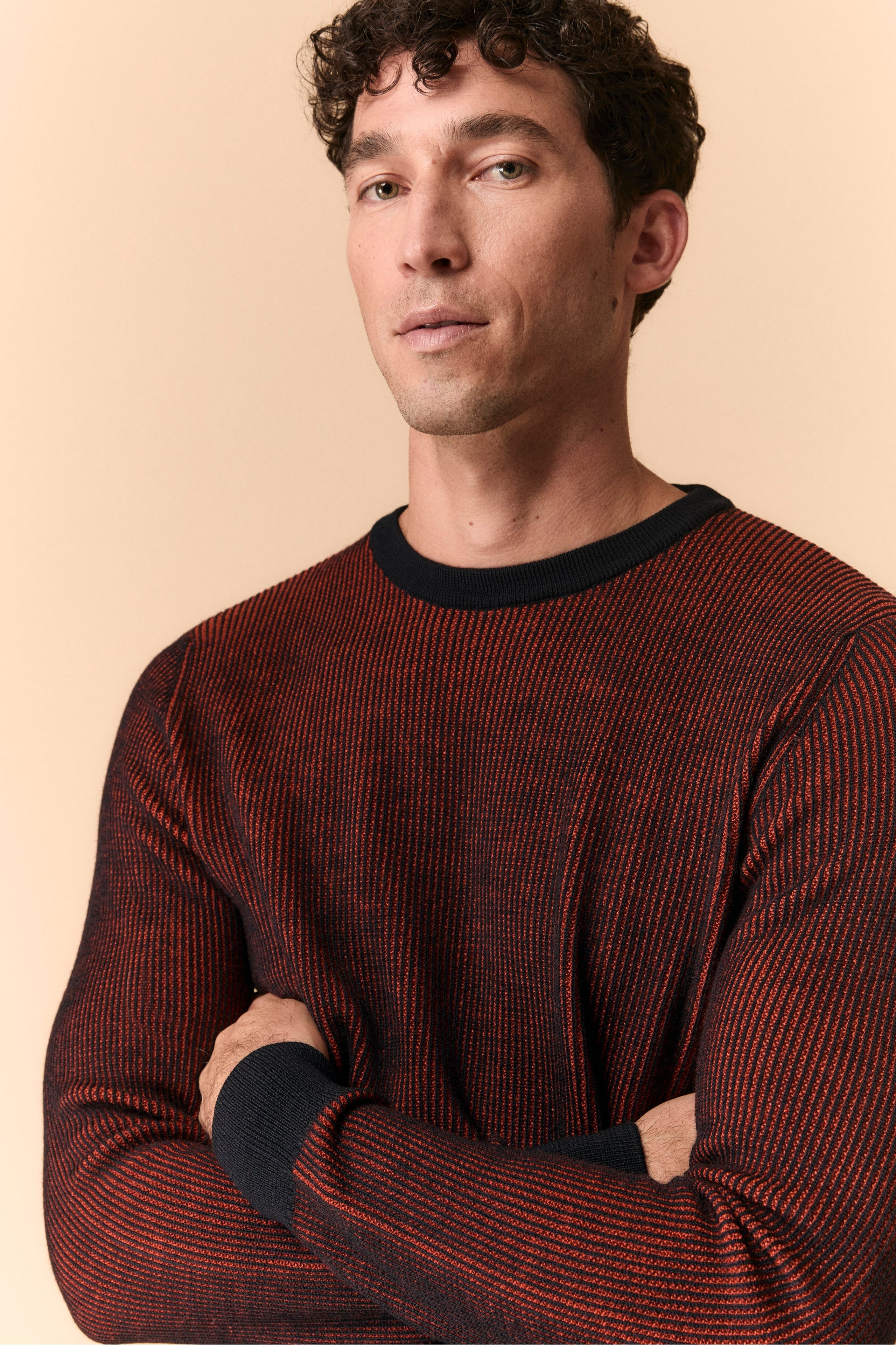 Ribbed Sweater in Extrafine Merino Wool - BLU/ARANCIO