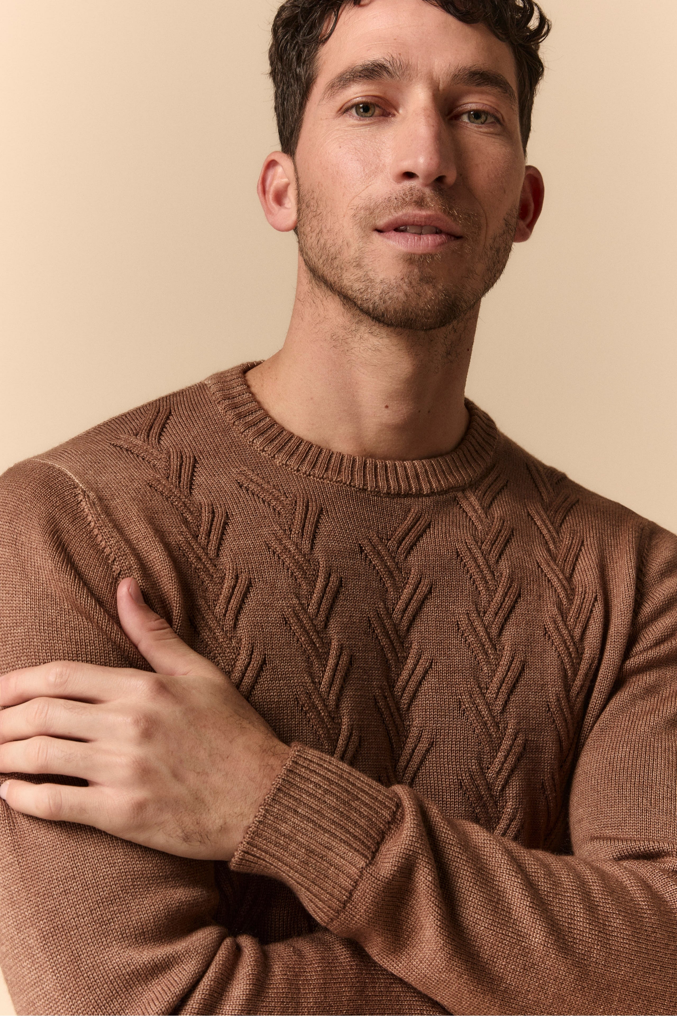 Diamond Pattern Crew Neck in Merino Wool - Tobacco brown