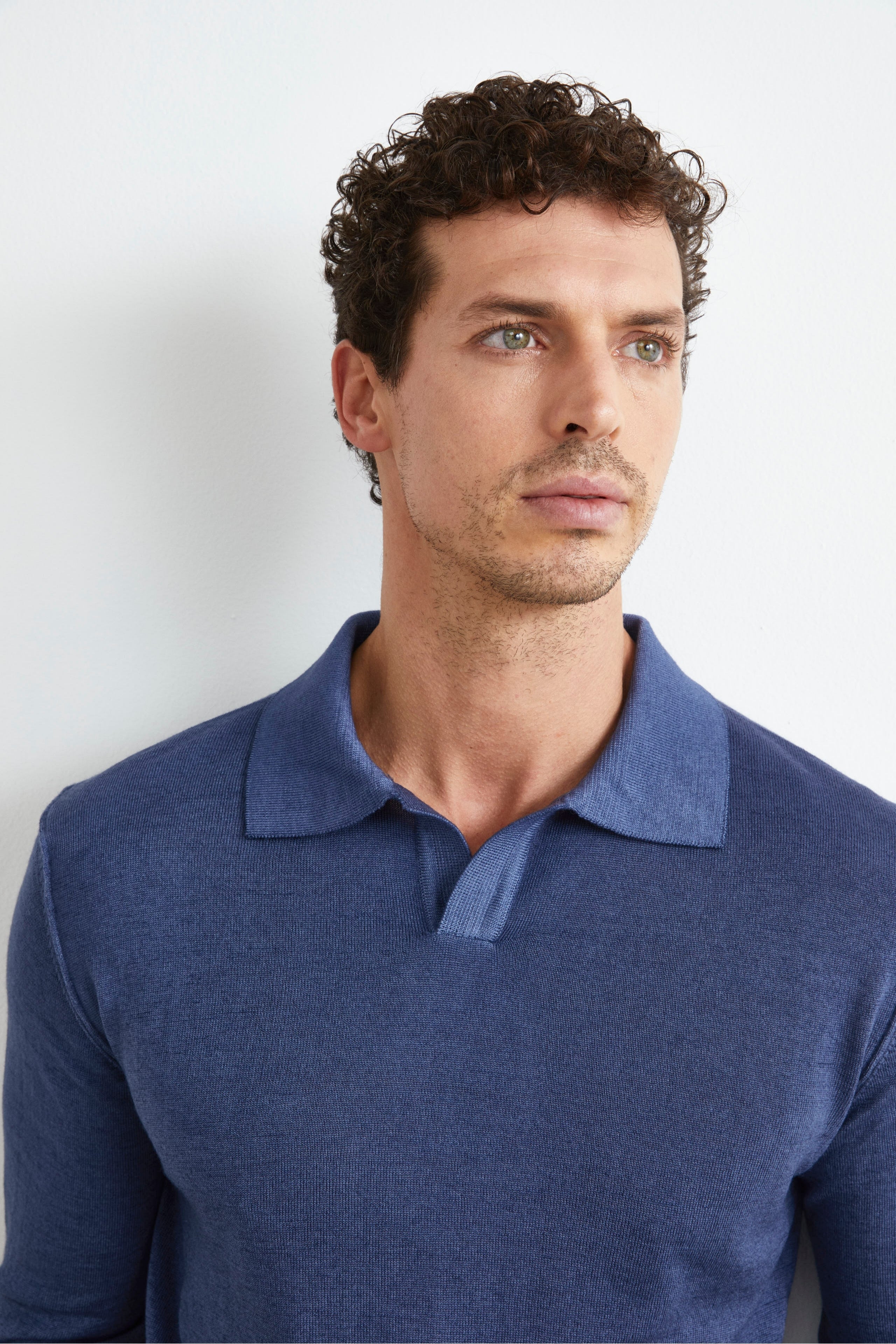 Merino wool derby polo shirt - DENIM