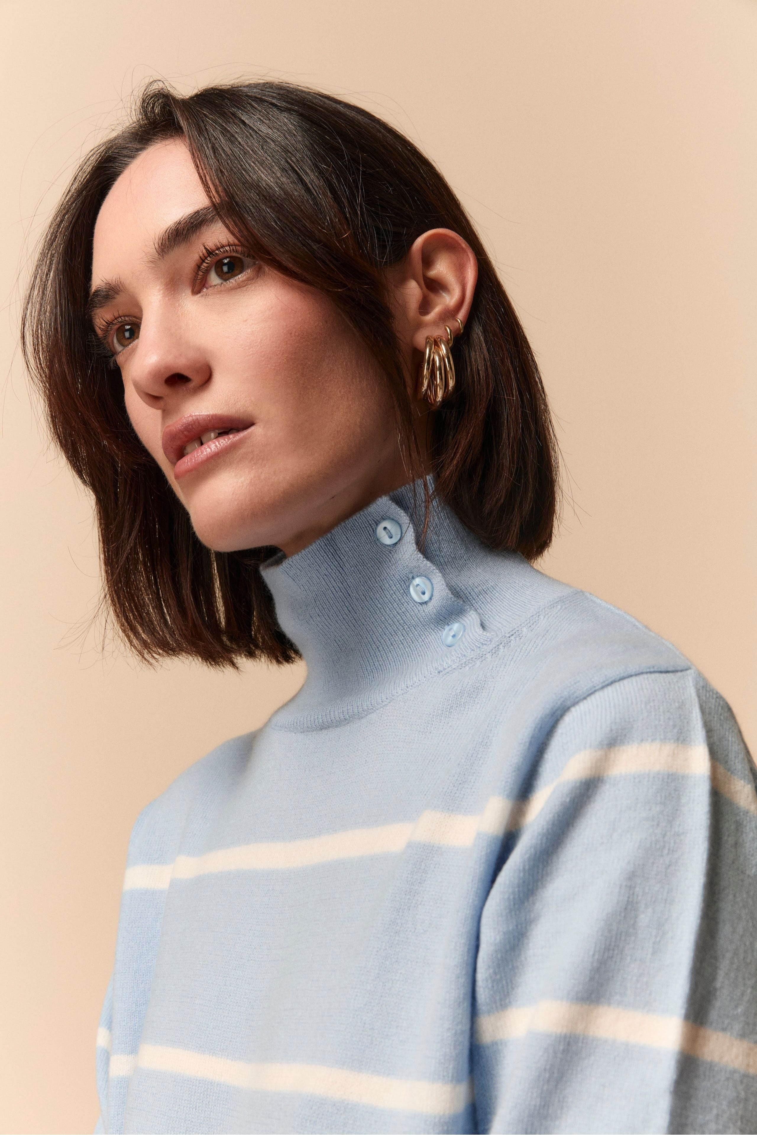 Patterned Turtleneck Sweater in Wool and Cashmere - Light blue stripe