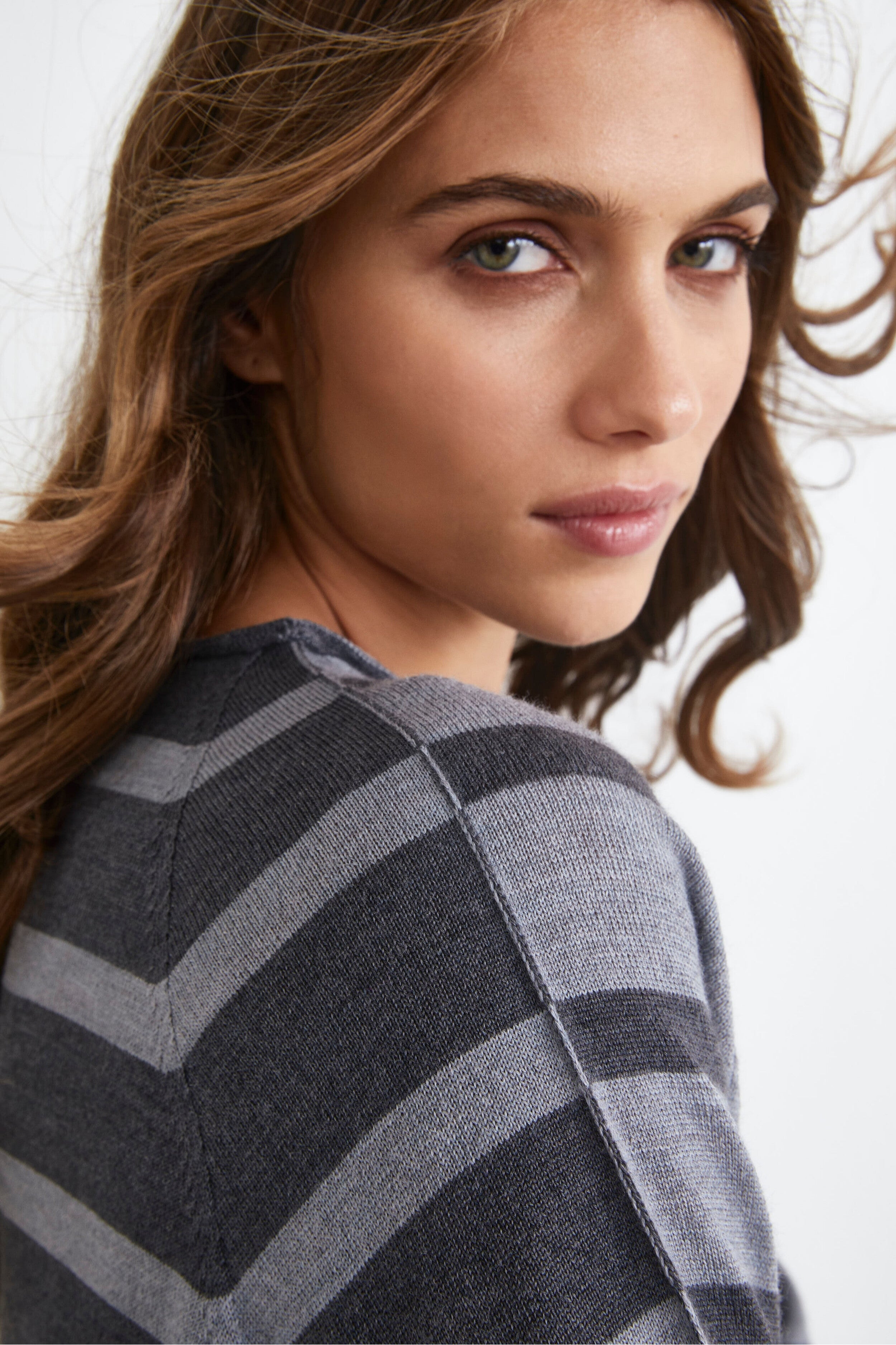 Oversized Striped Sweater in Merino Wool - Grey stripe