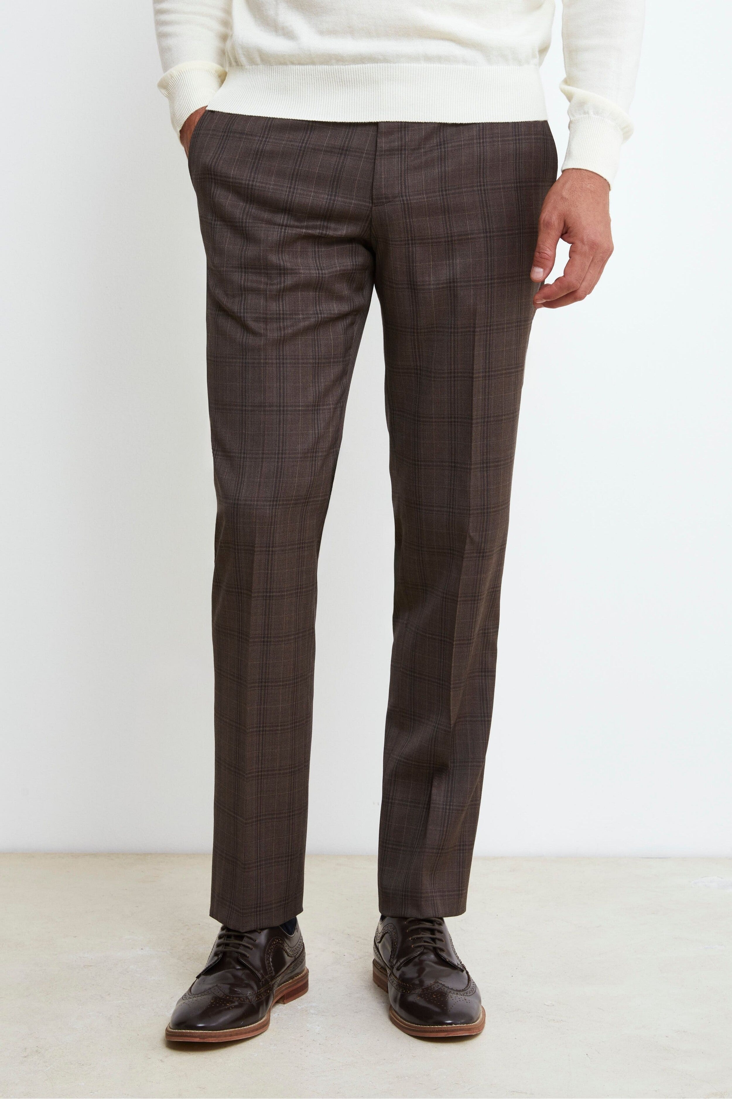 Single-Breasted Check Wool Suit - Brown check