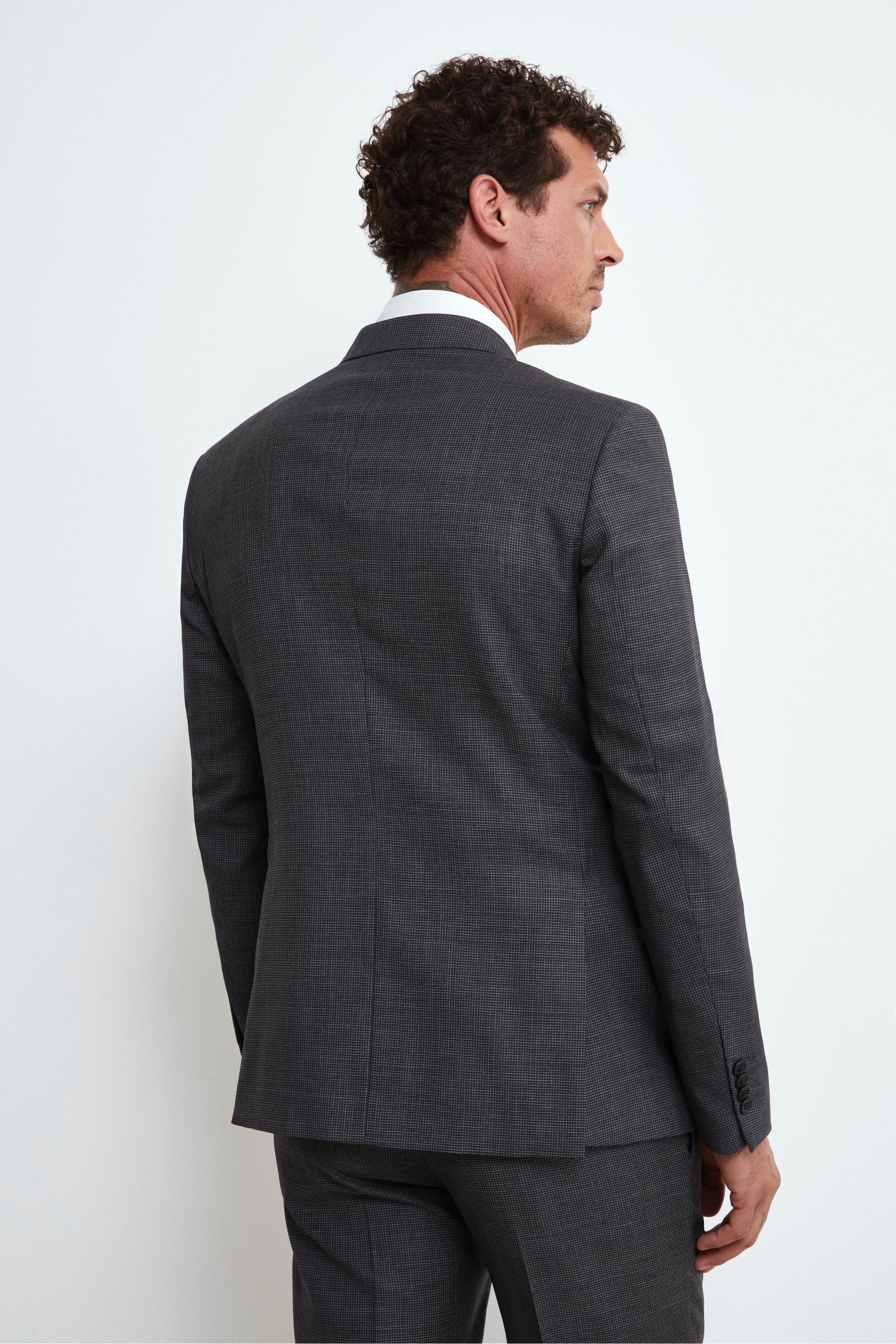 Slim Fit Double-Breasted Wool Suit - Charcoal grey check