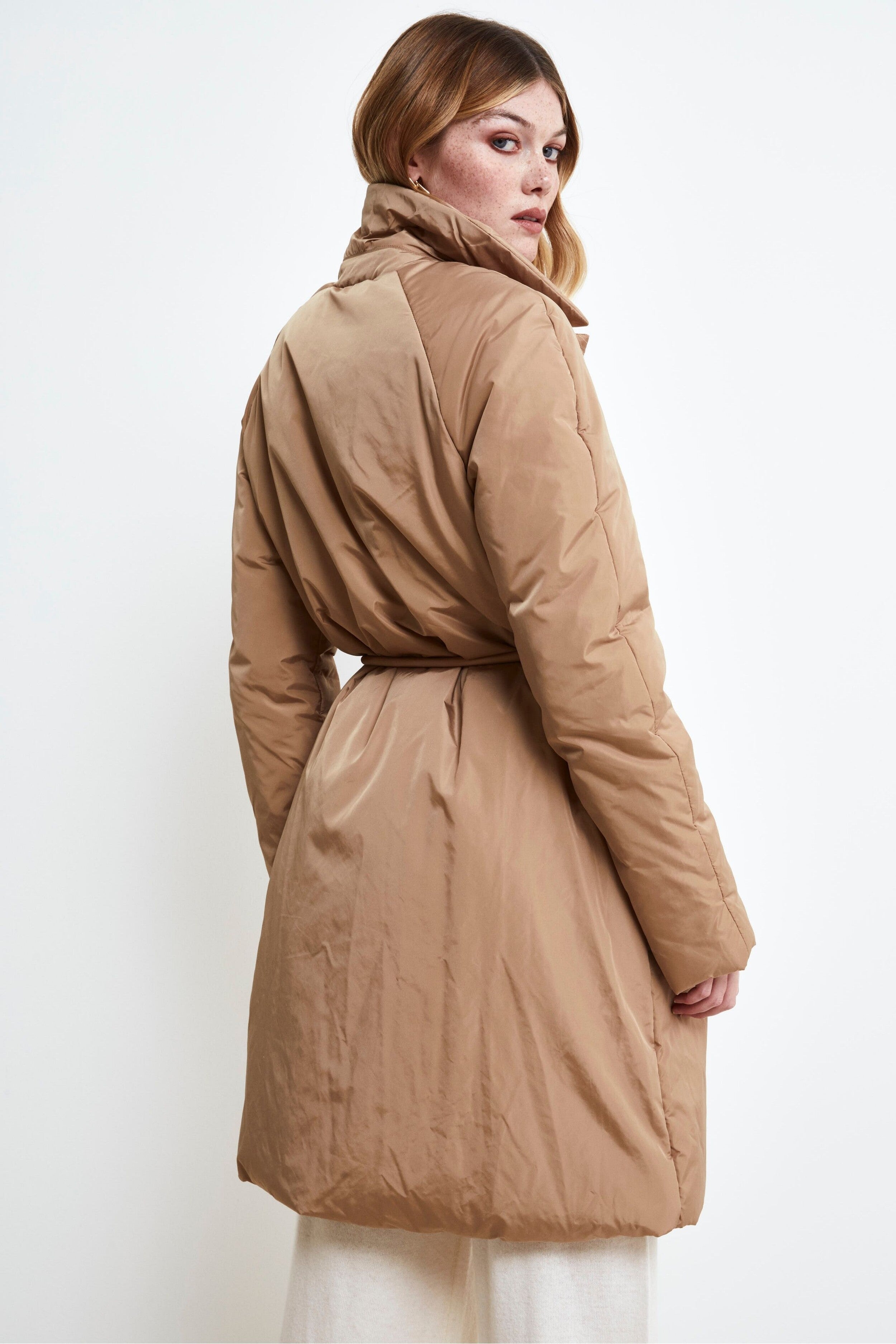 Midi Down Jacket with Belt - BEIGE