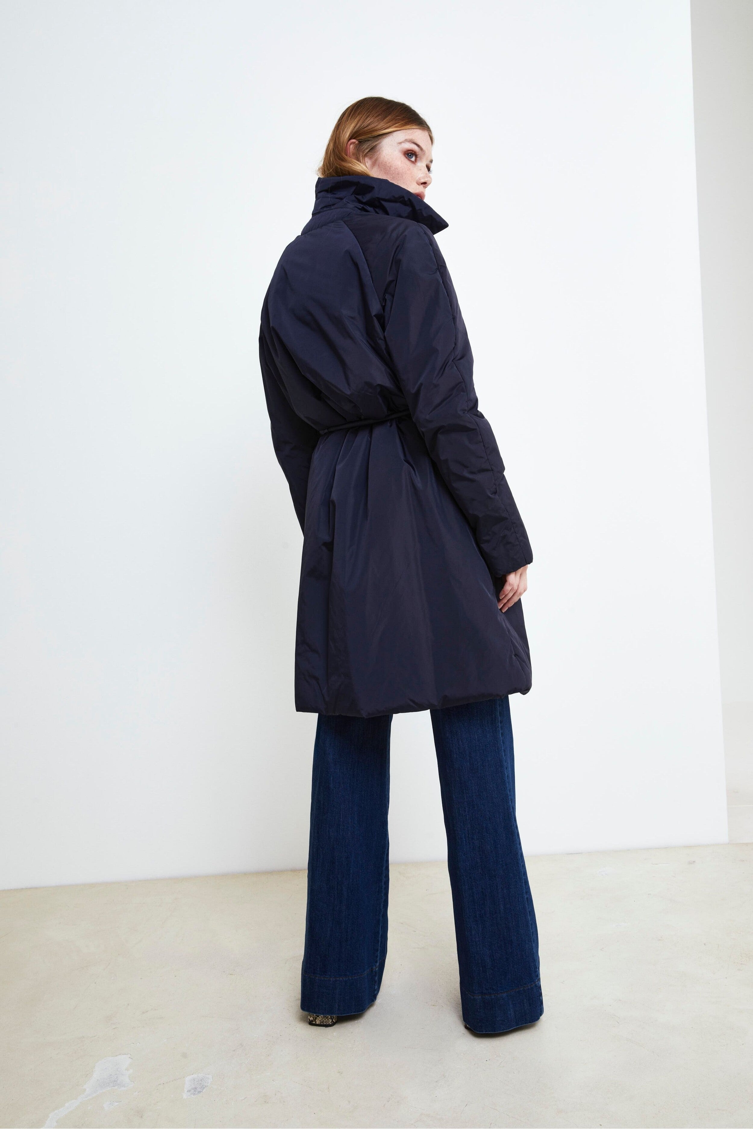 Midi Down Jacket with Belt - Navy blue