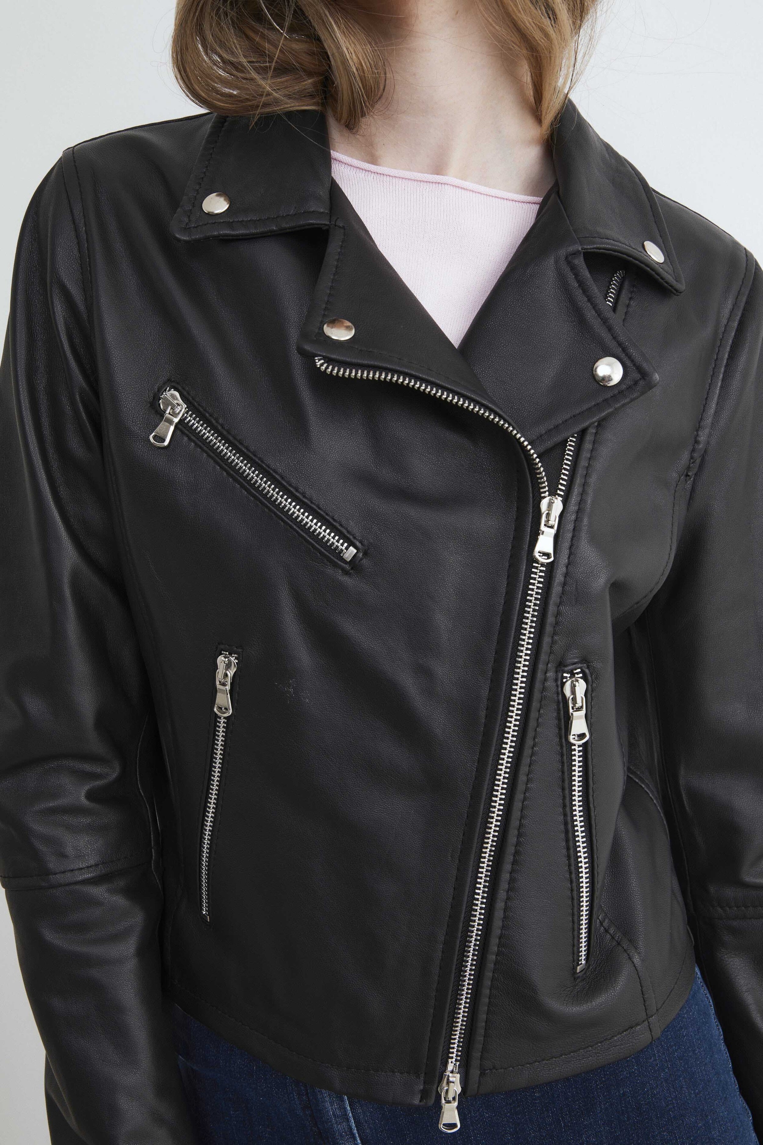 Bikerjacke aus Leder - SCHWARZ