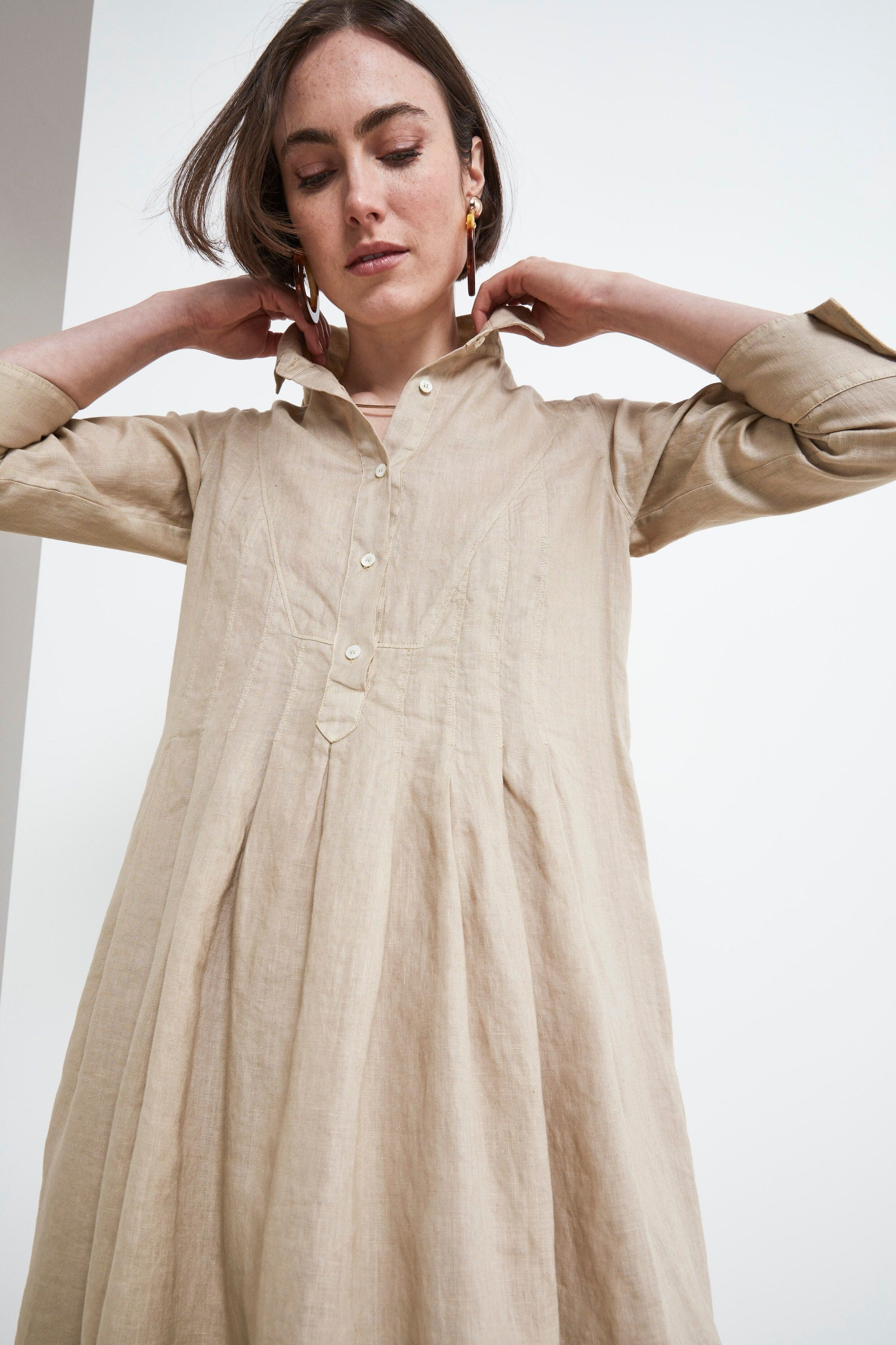 Linen Shirt Dress - BEIGE