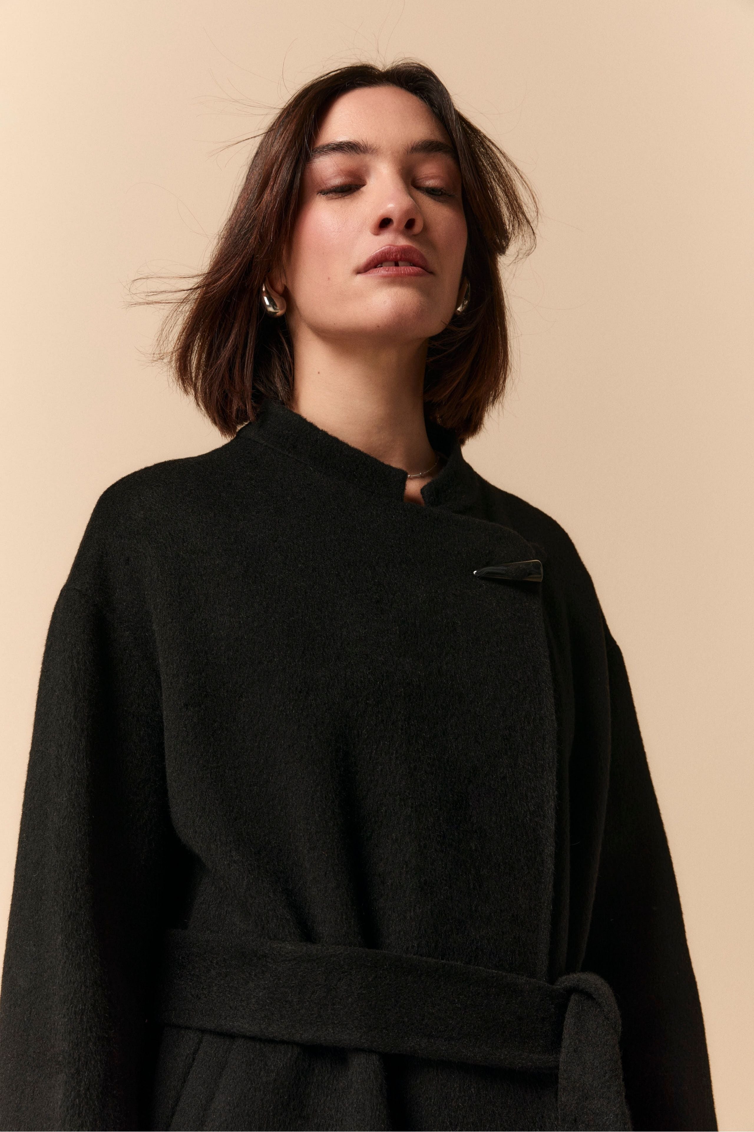 Wool Wrap Coat - BLACK