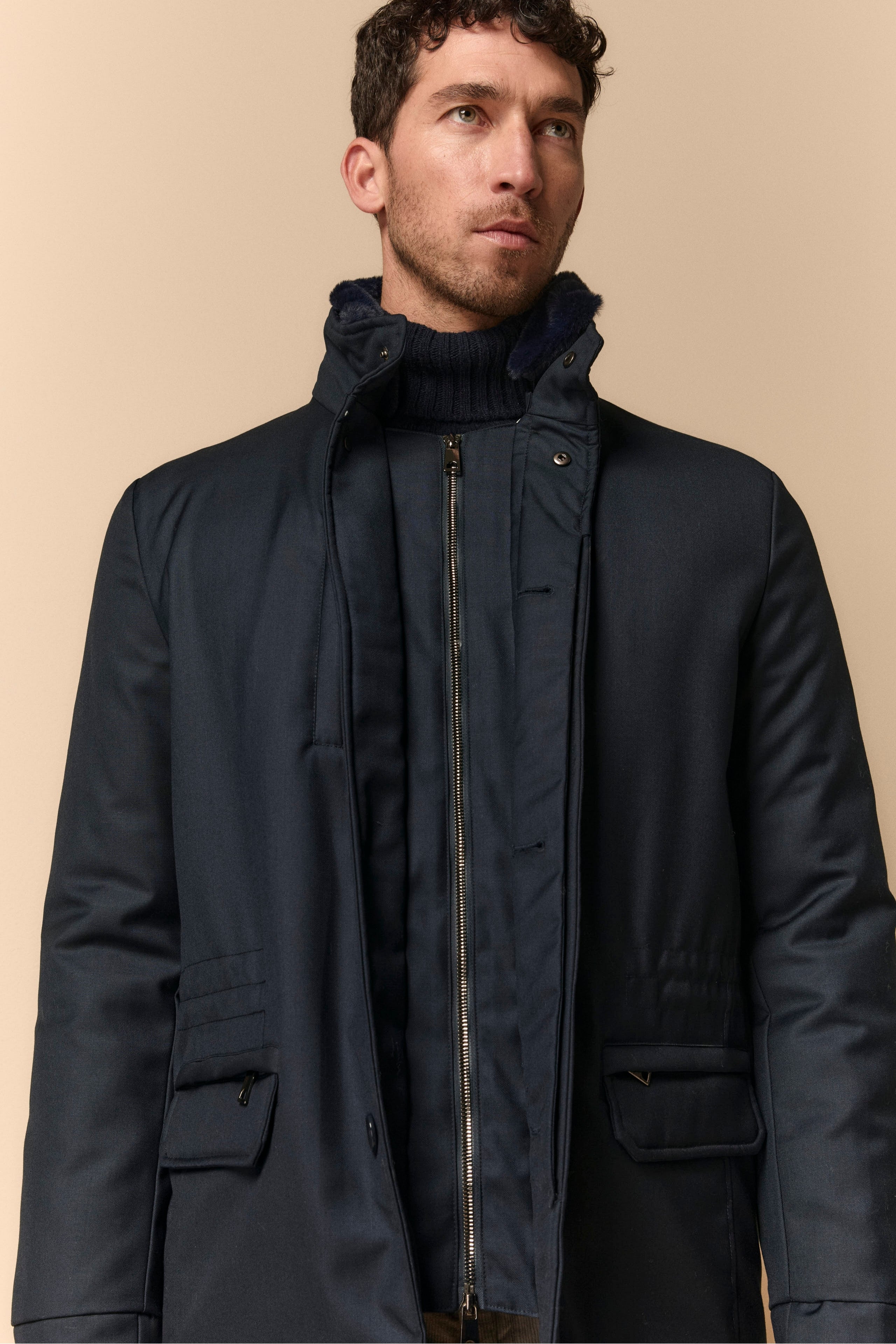 Manteau Matelassé avec Col en Fourrure - BLEU