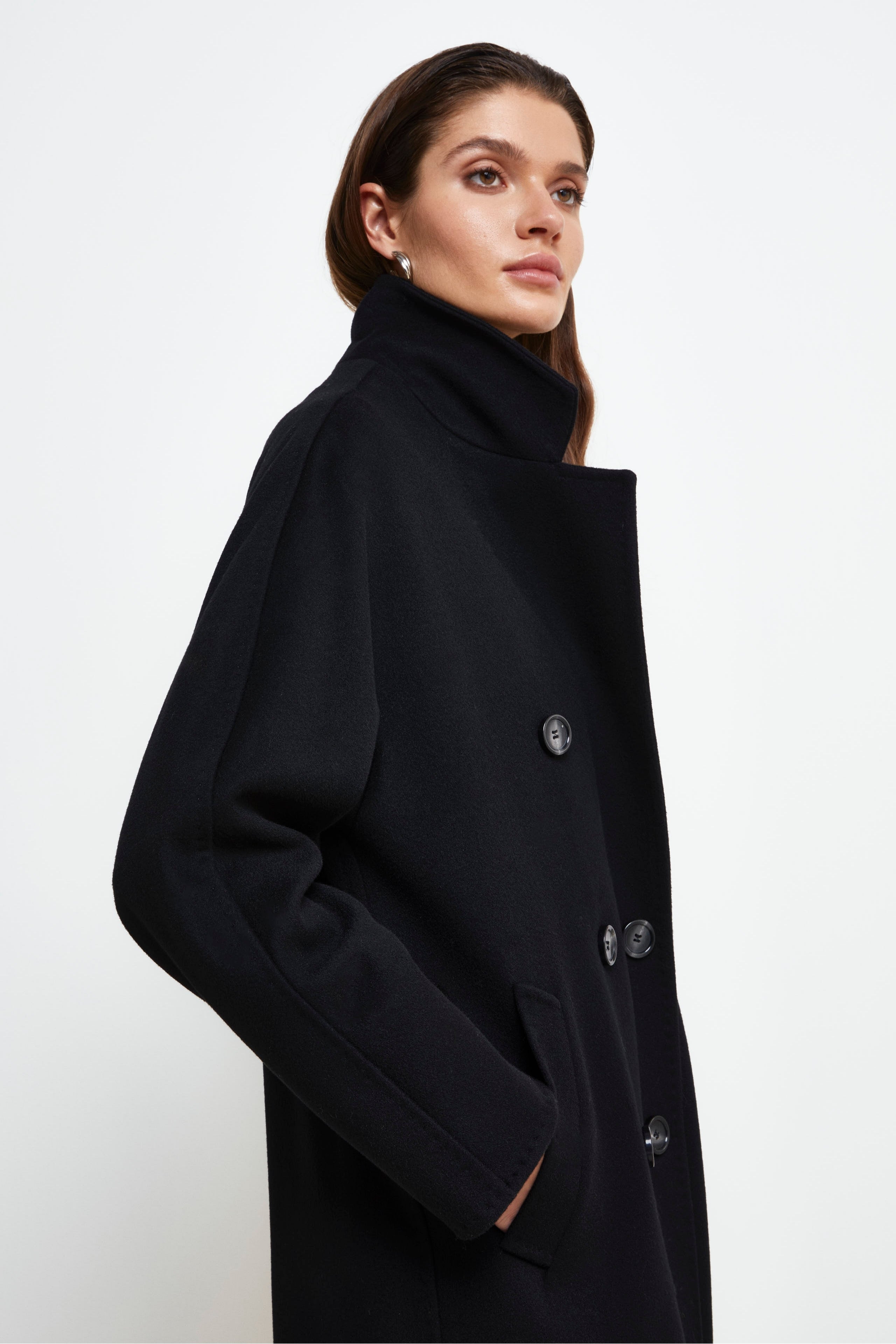 Manteau Long à Double Boutonnage en Laine - NOIR