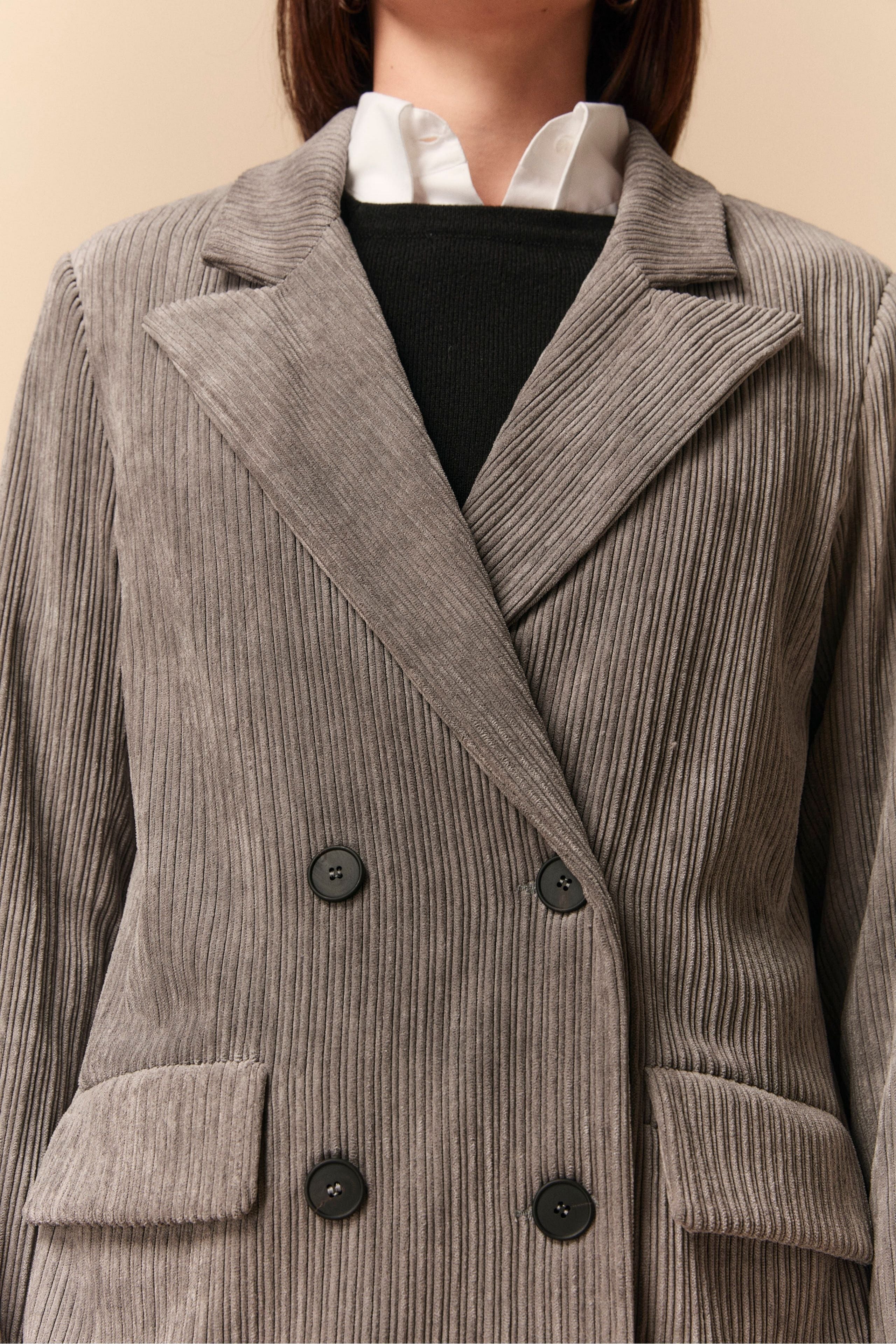 Double-Breasted Corduroy Jacket - GREY