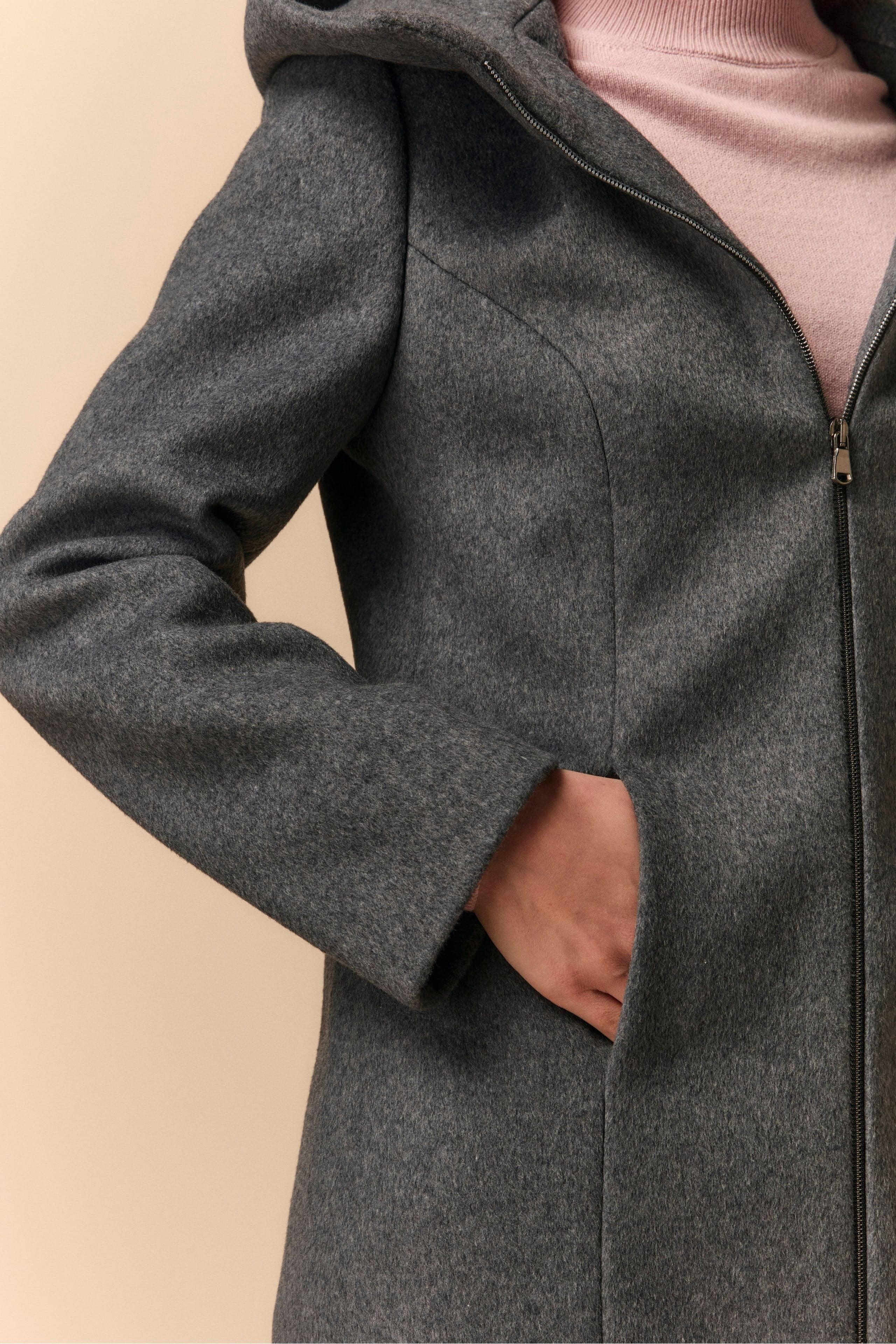 Manteau Midi avec Capuche et Fermeture Éclair - GRIS