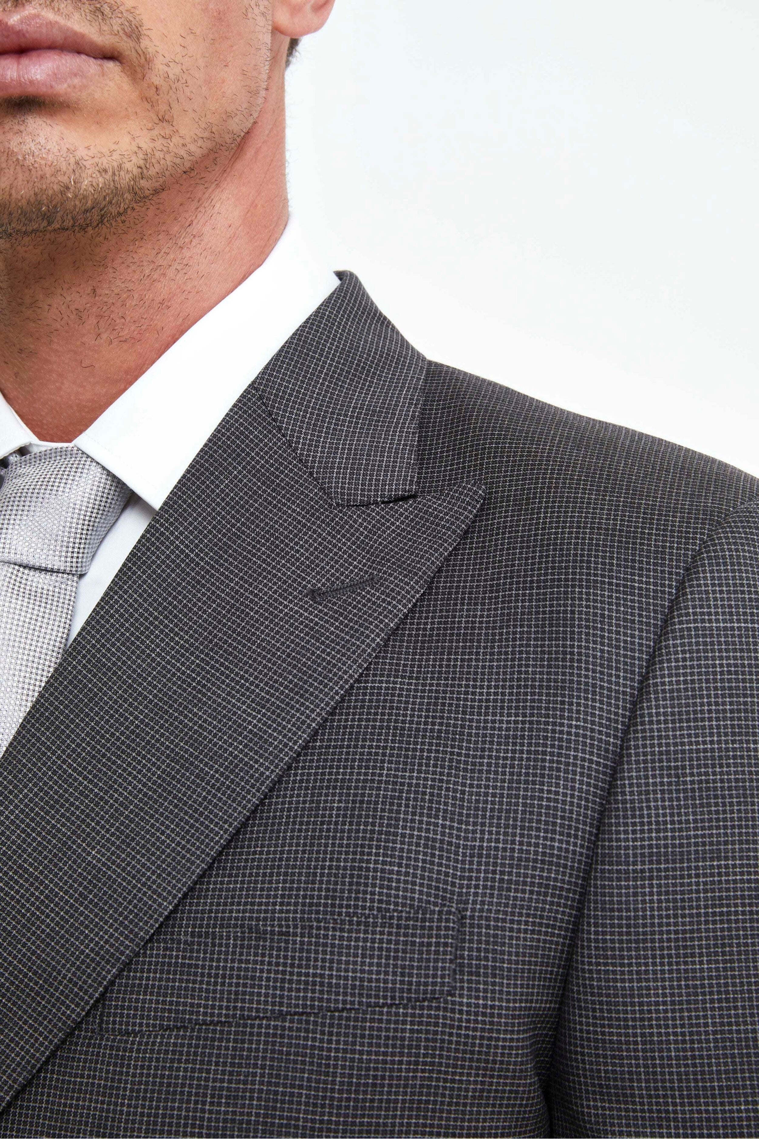 Slim Fit Double-Breasted Wool Suit - Charcoal grey check