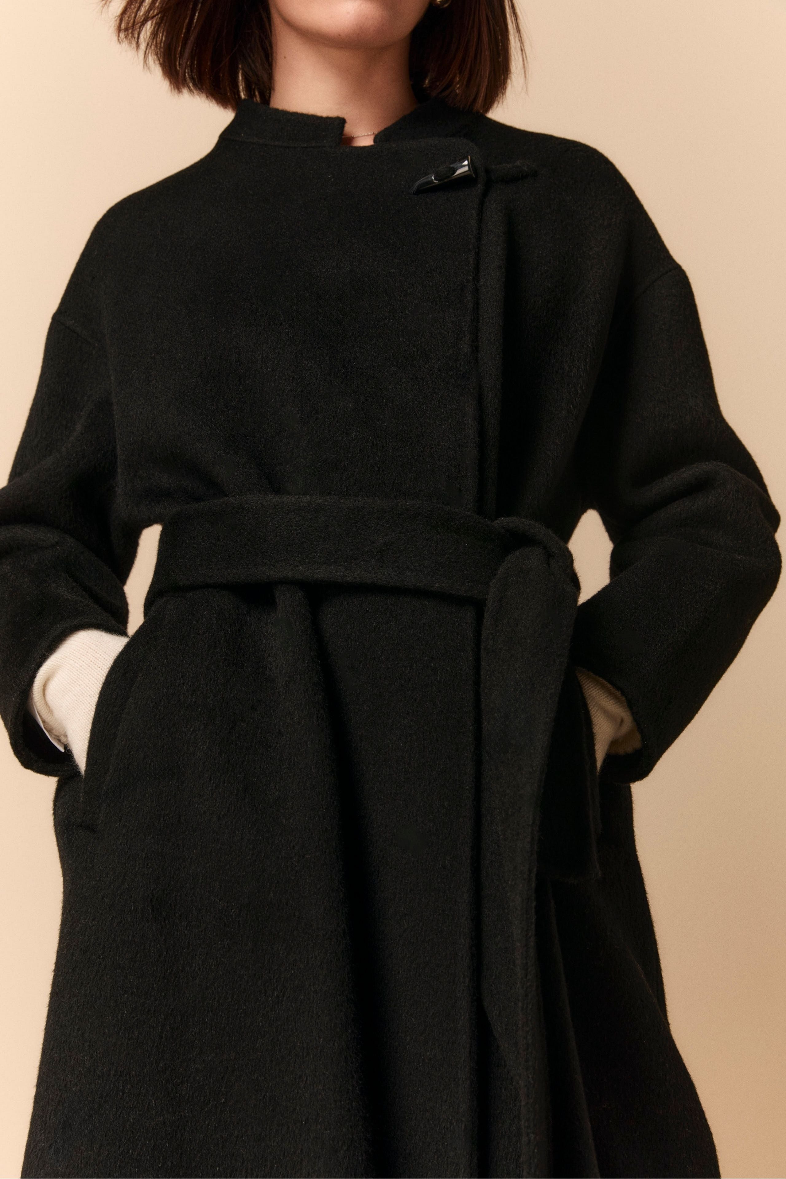 Wool Wrap Coat - BLACK