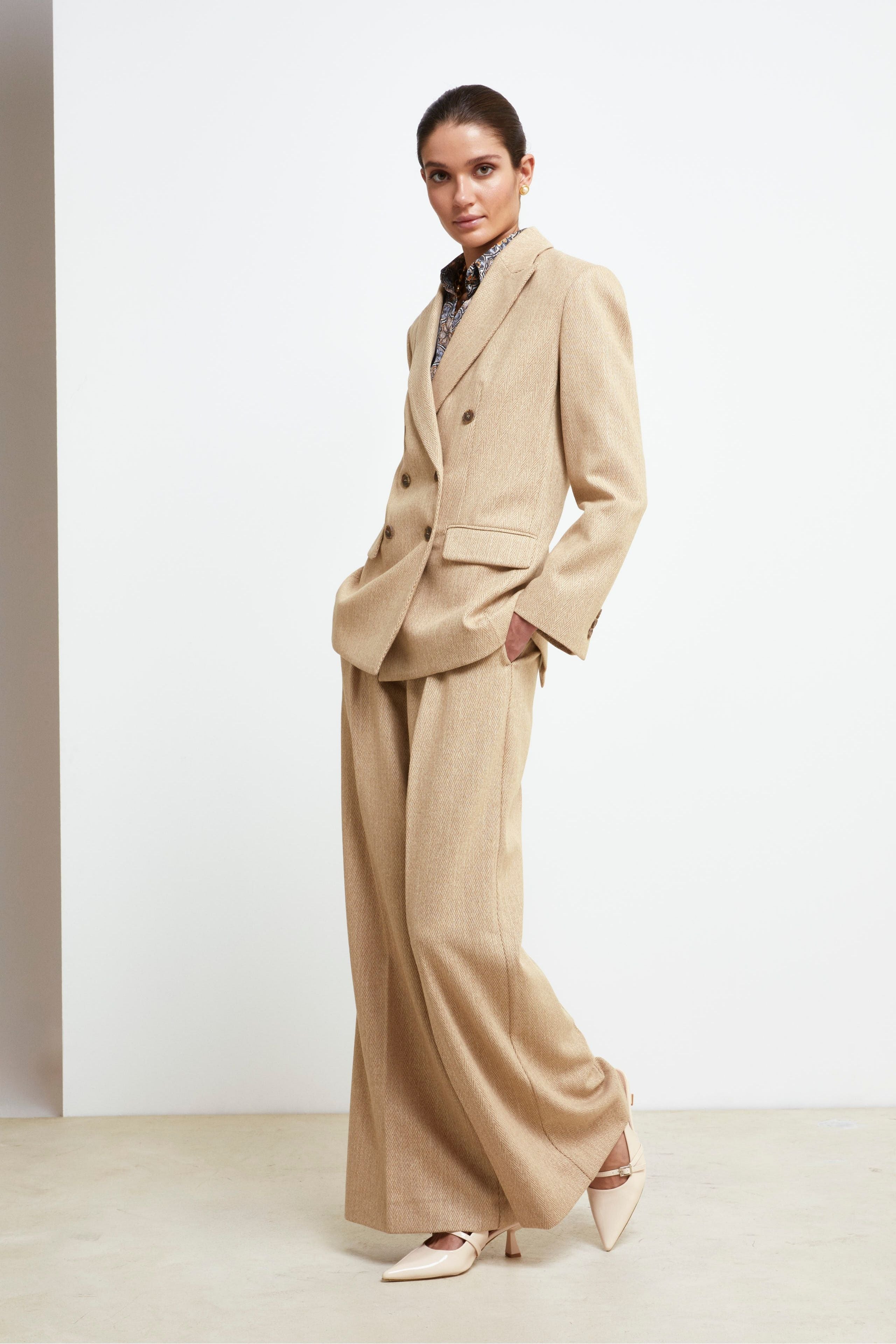 Wide-Leg Wool Trousers - BEIGE HERRINGBONE