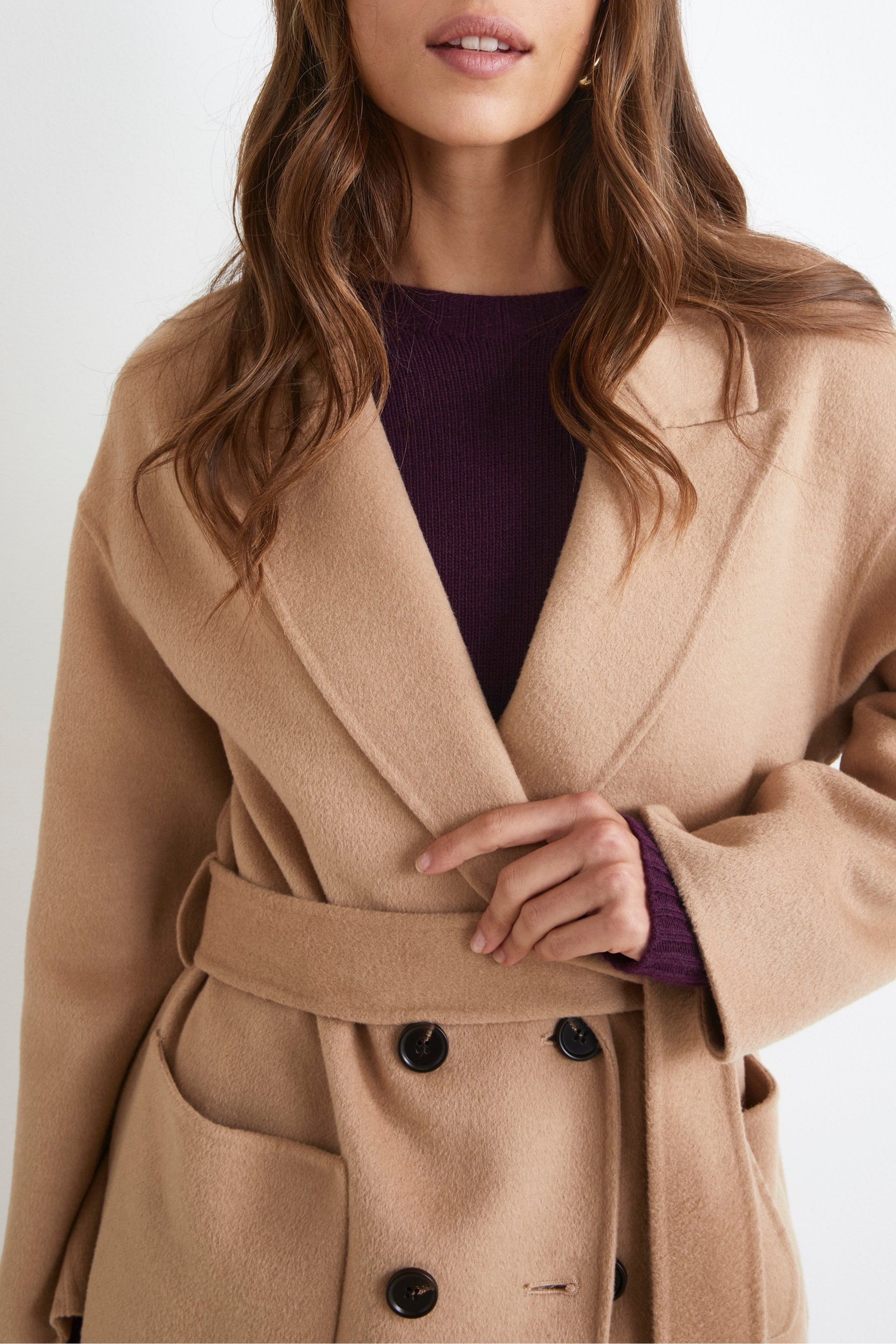 Double-Breasted Coat with Belt - CAMEL