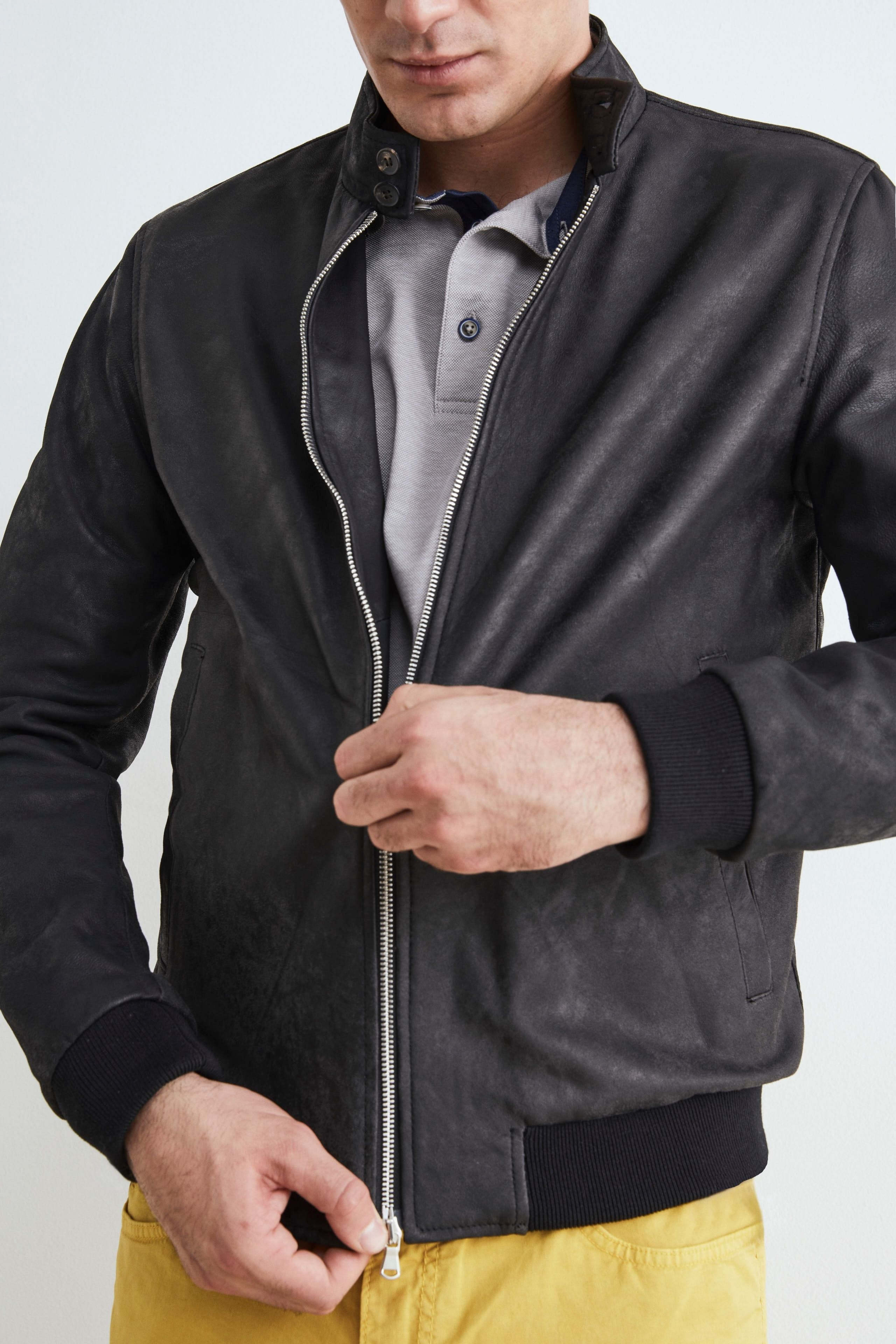 Veste bombardier en cuir pour hommes - NOIR