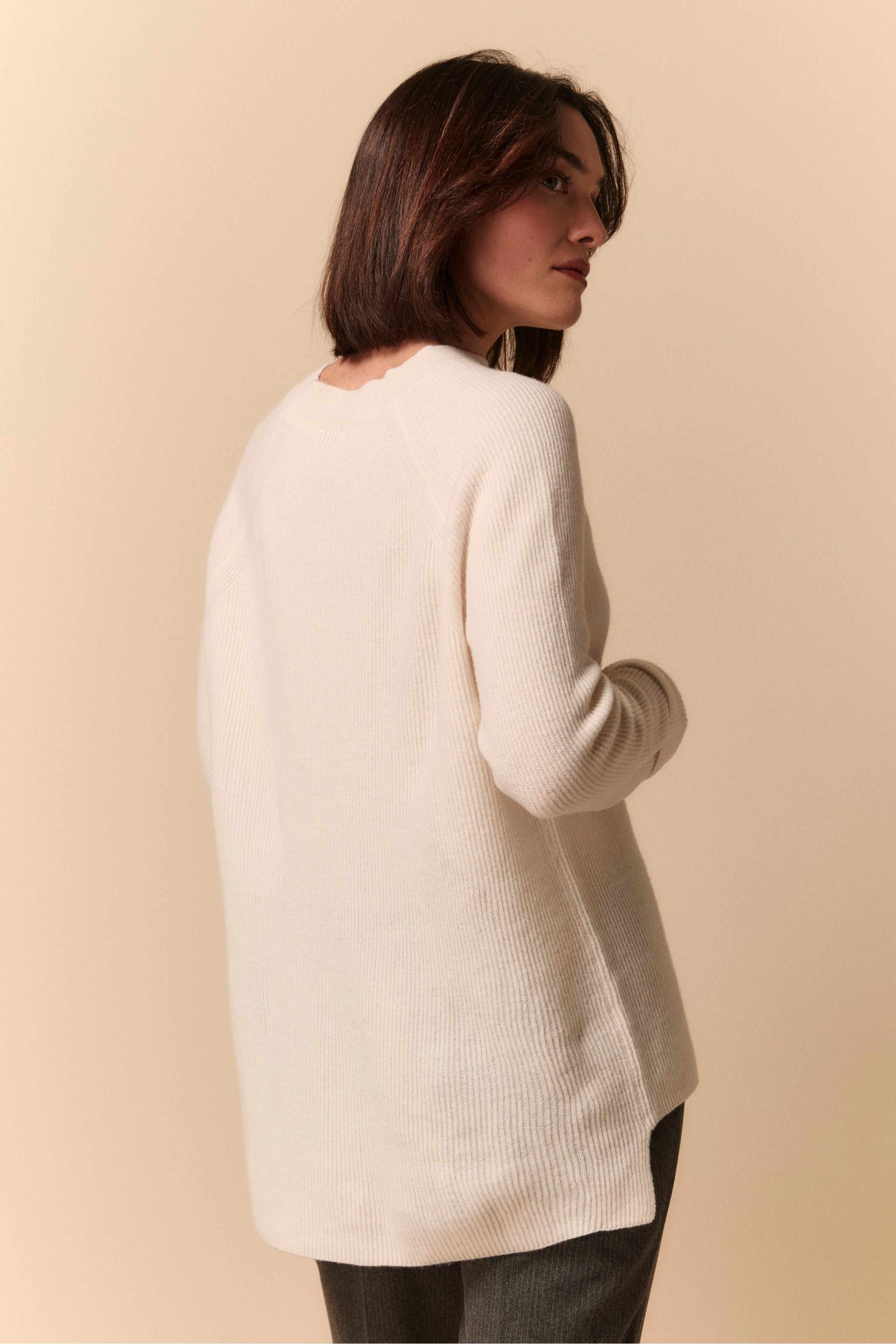 Gerippter Rundhals-Pullover aus Wolle und Kaschmir - Creme weiß