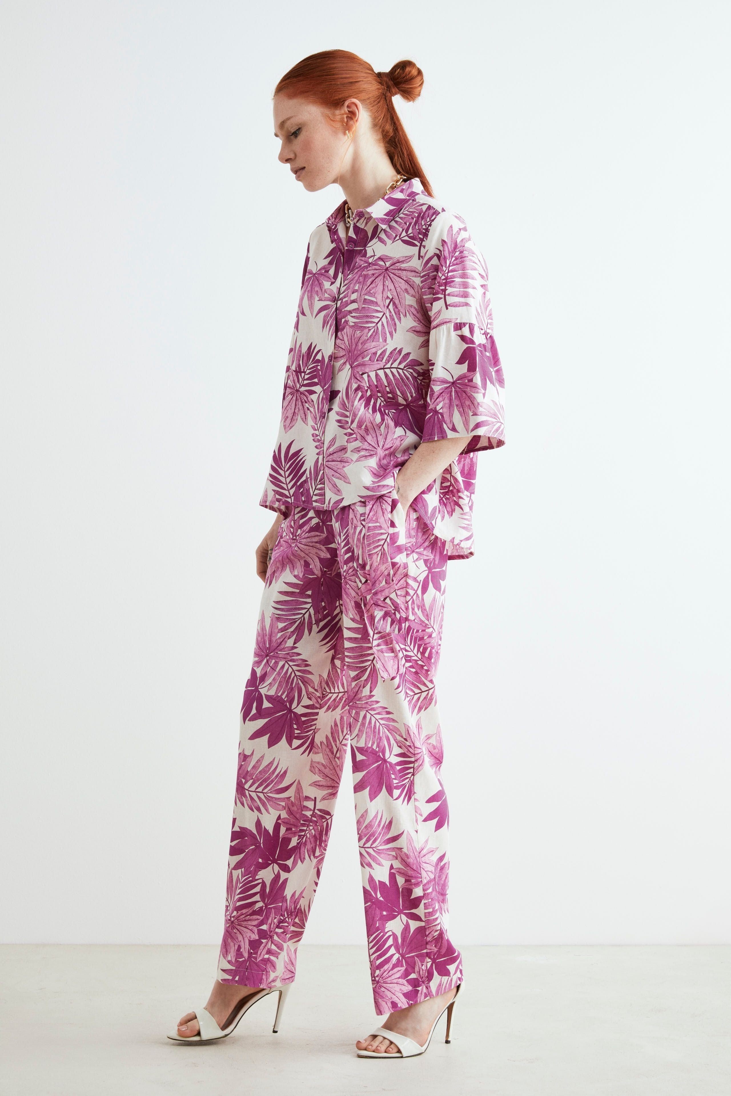 Linen patterned trousers - Azalea pattern