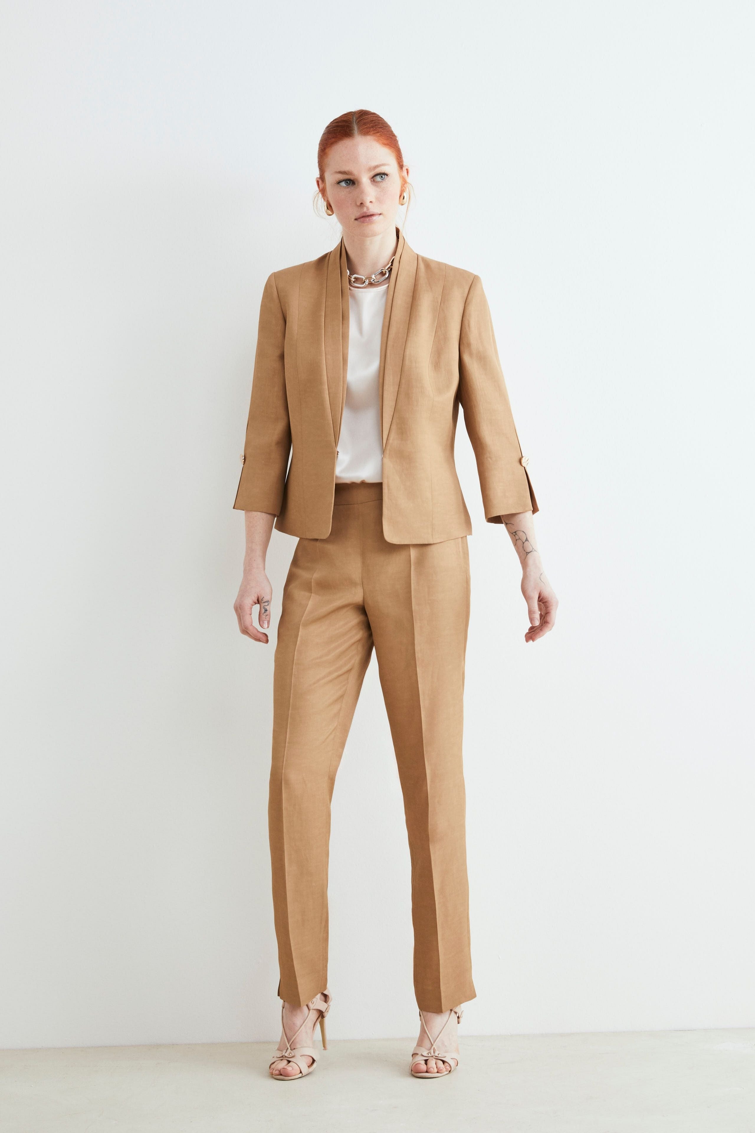 Linen-blend slim trousers - KAKI