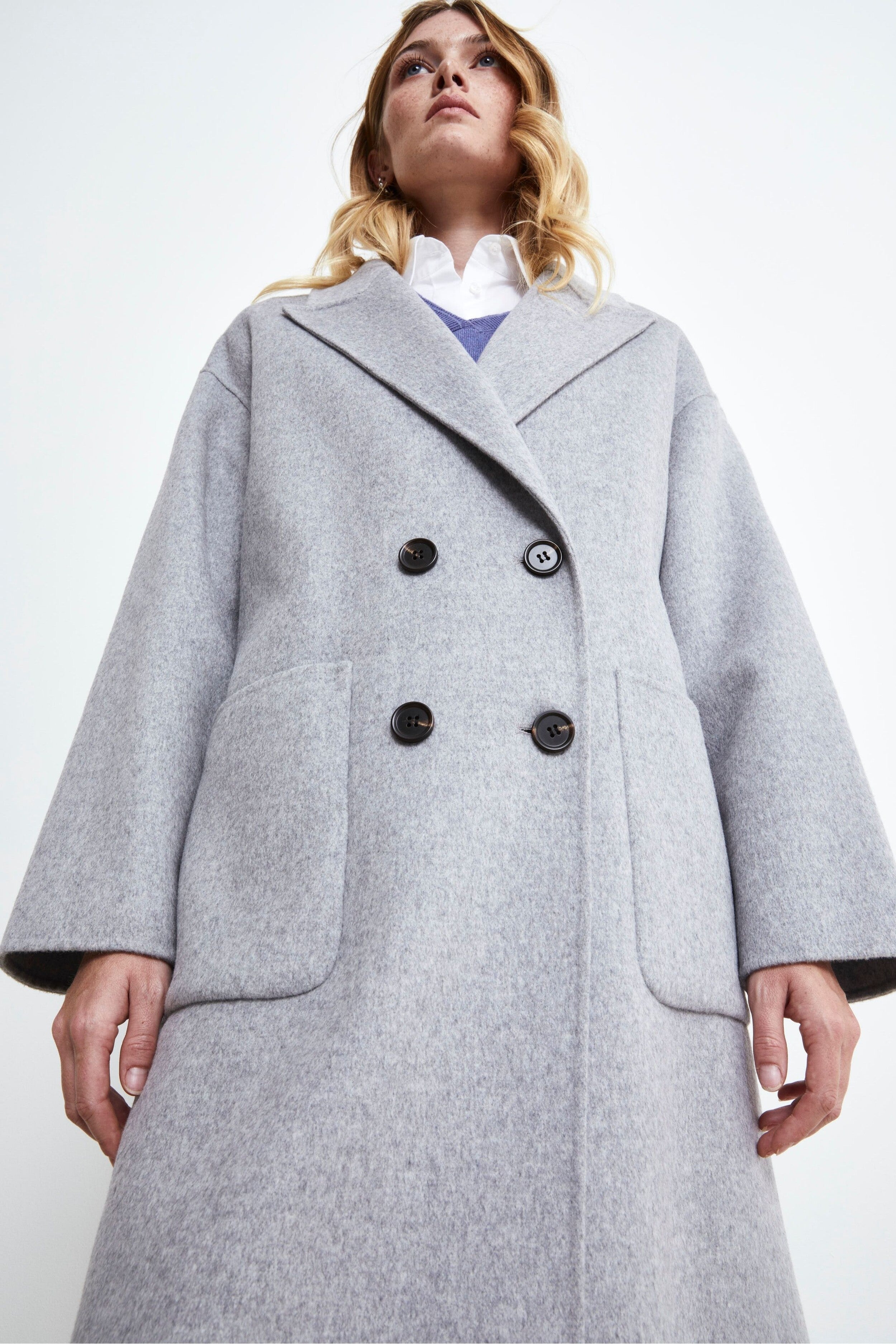 Double-Breasted Coat with Belt - Light grey