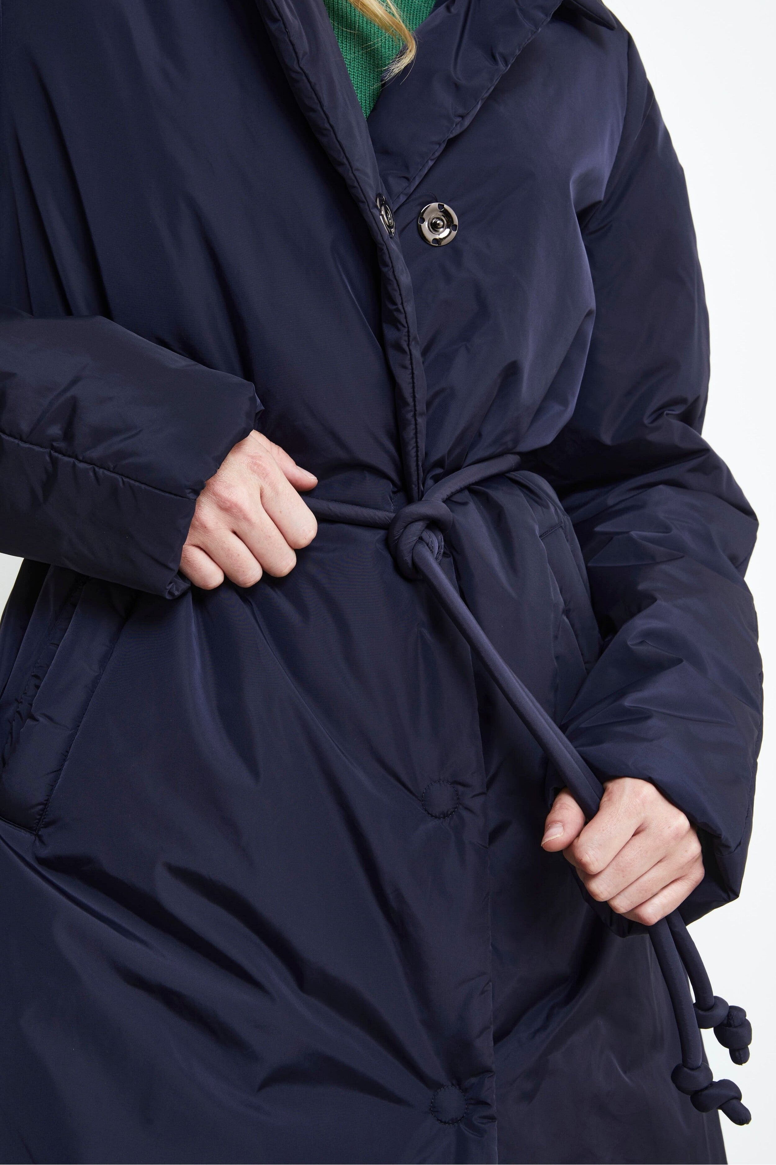 Midi Down Jacket with Belt - Navy blue