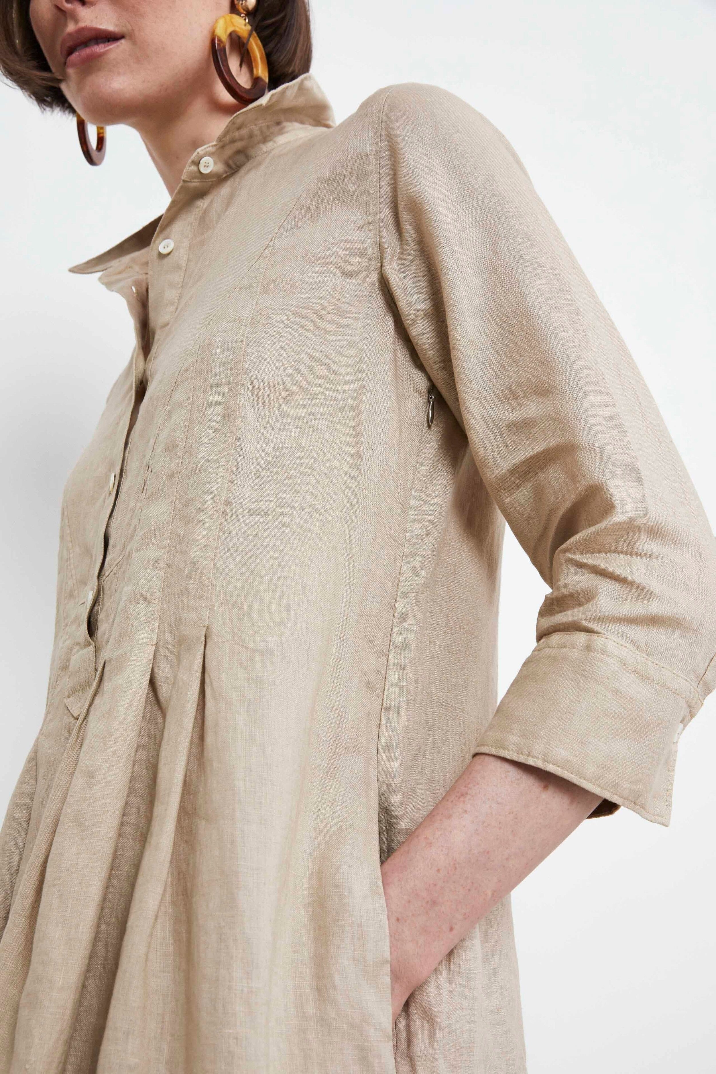 Linen Shirt Dress - BEIGE