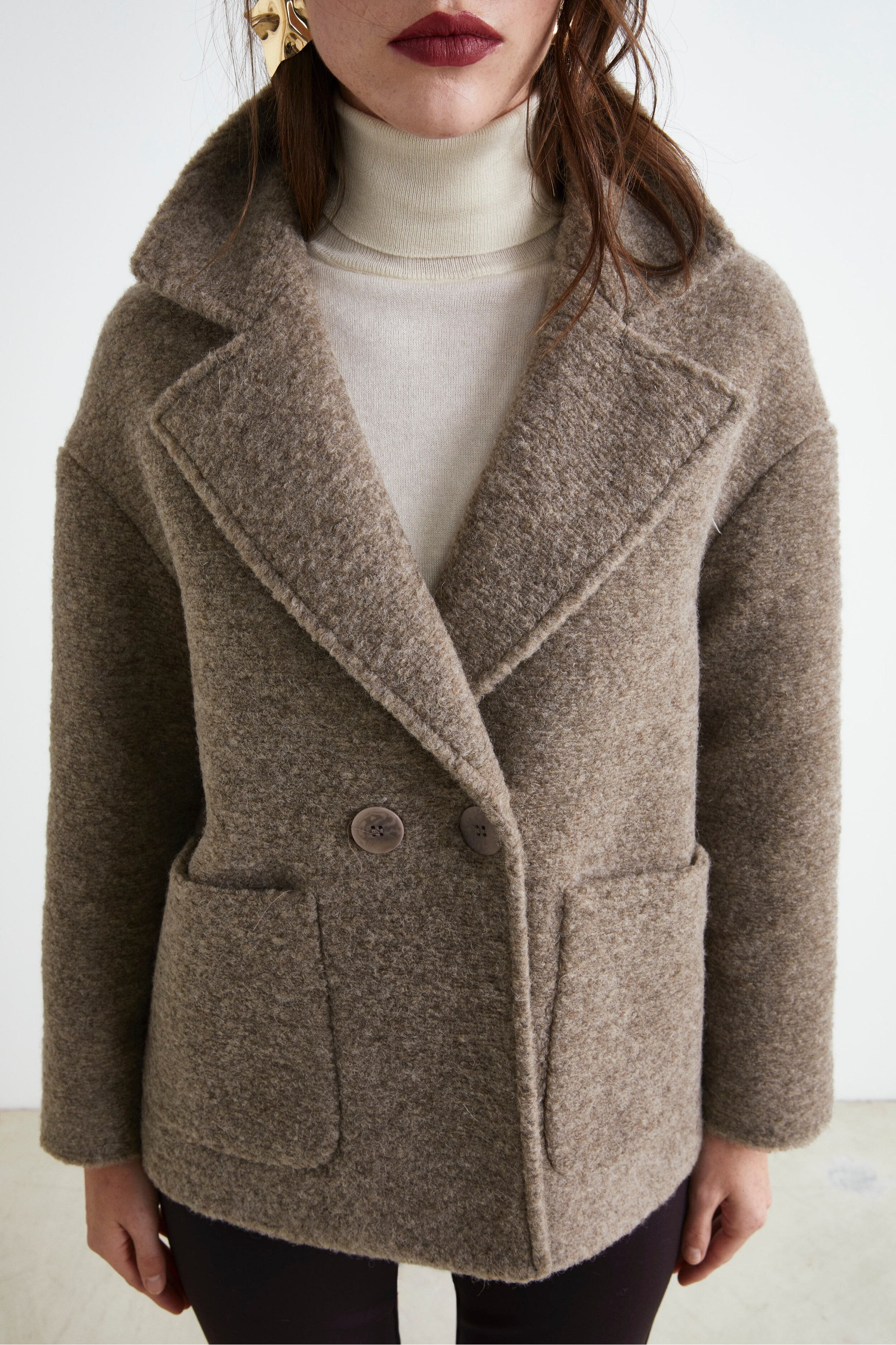 Manteau Court Croisé en Laine Mélangée - Marron noyer