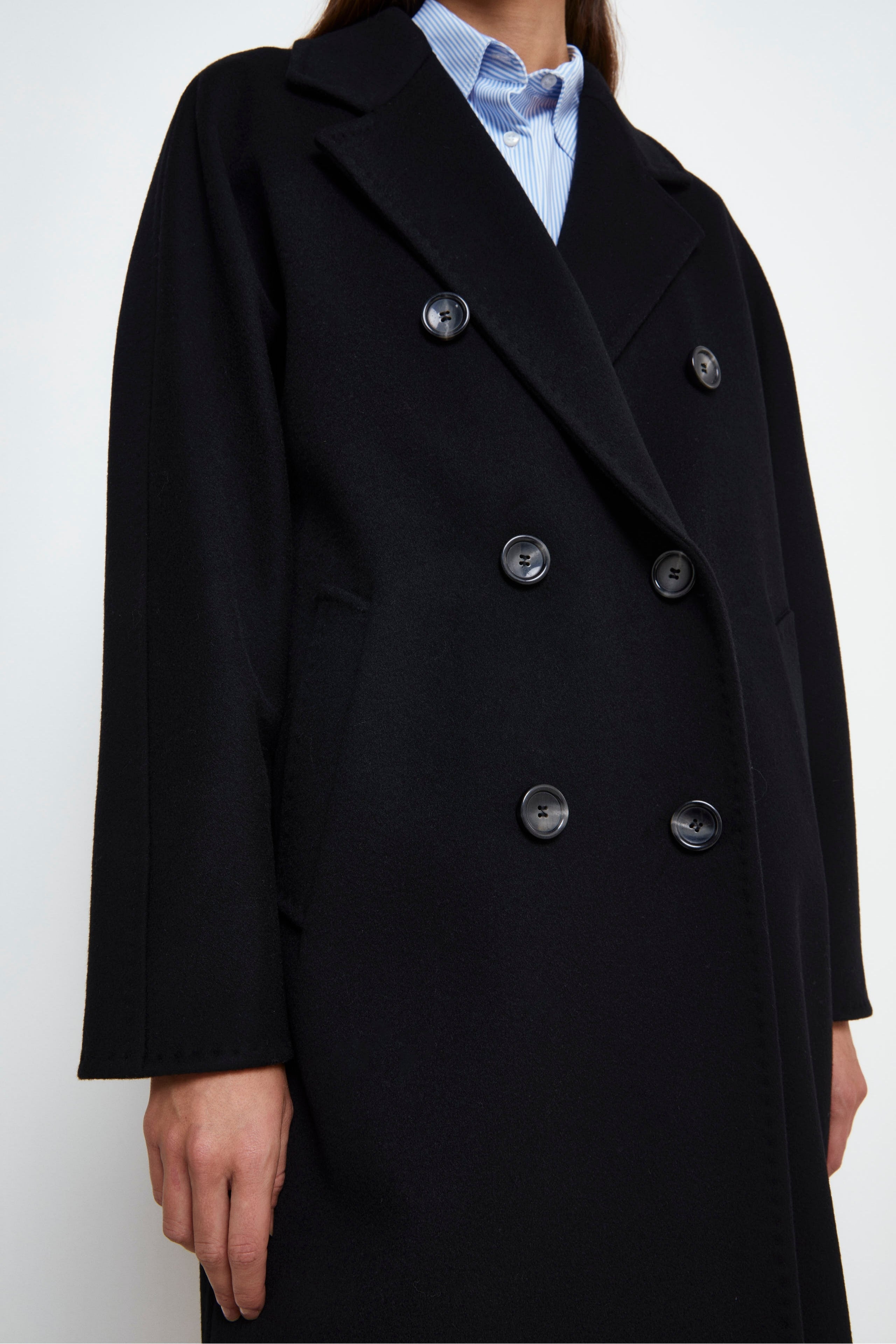 Long Double-Breasted Wool Coat - BLACK